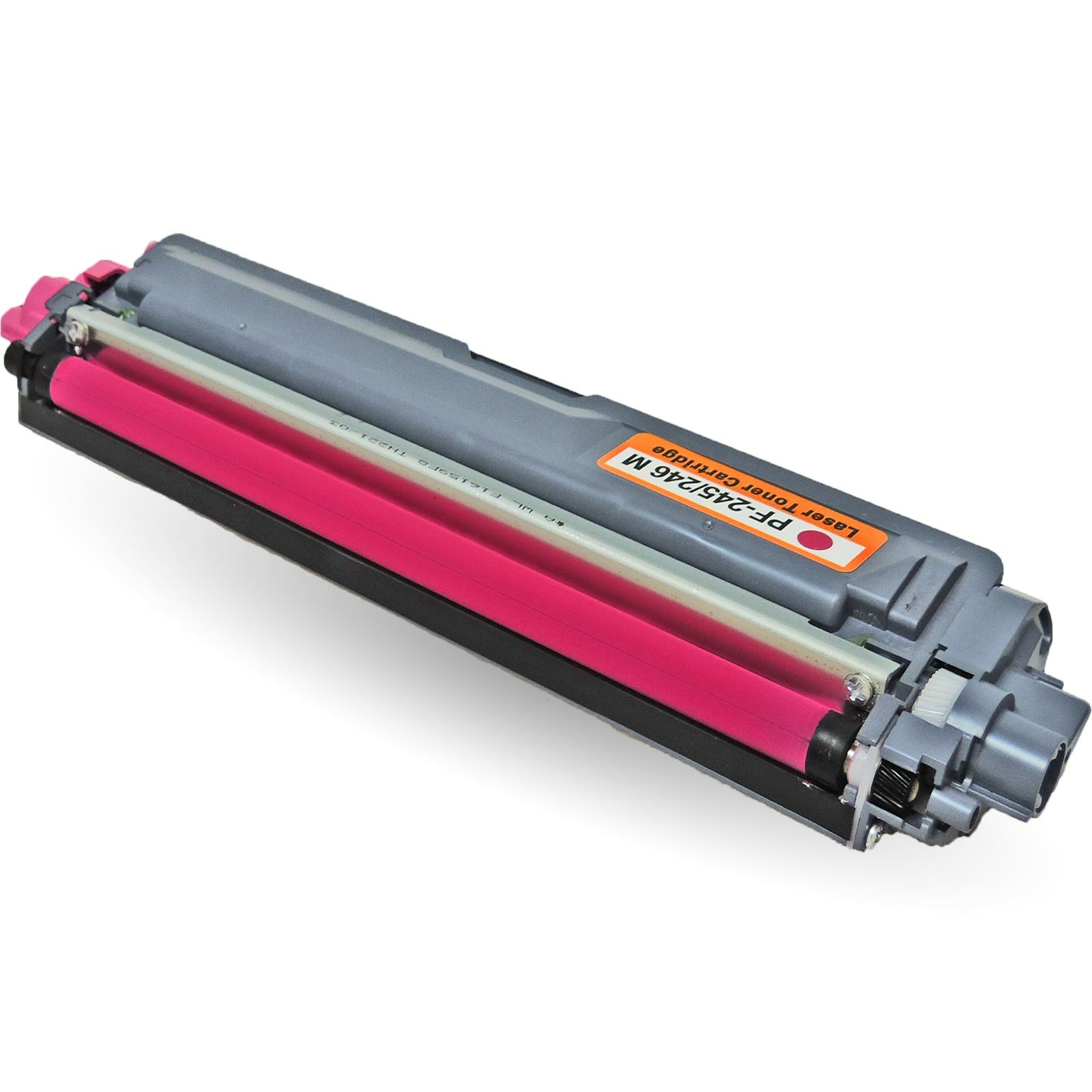 Eine pinke und graue Lasertoner-Kartusche mit einem orangenen Etikett.