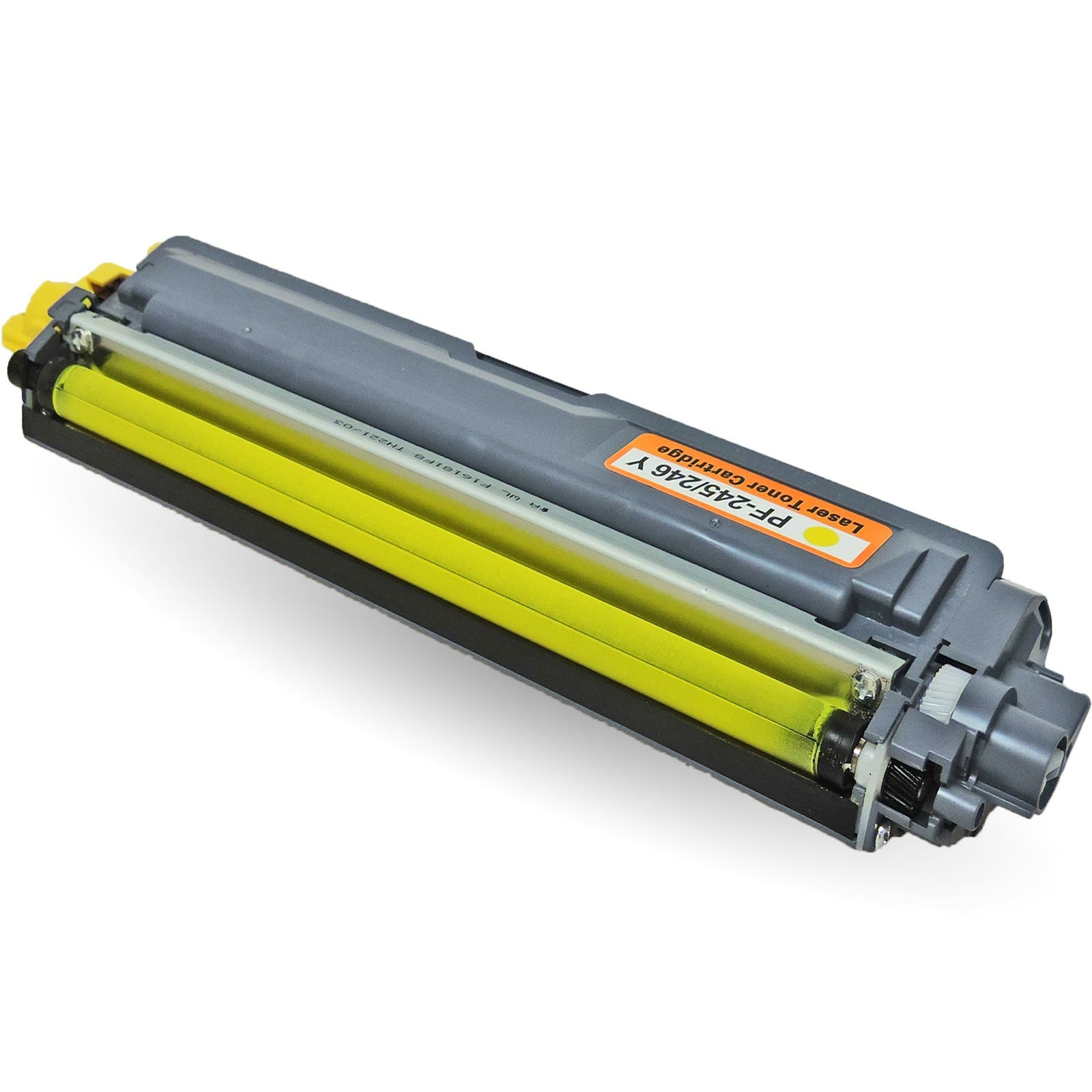 Gelbe Tonerkartusche. Orangefarbenes Etikett auf dem Toner. Der Hintergrund ist weiß.