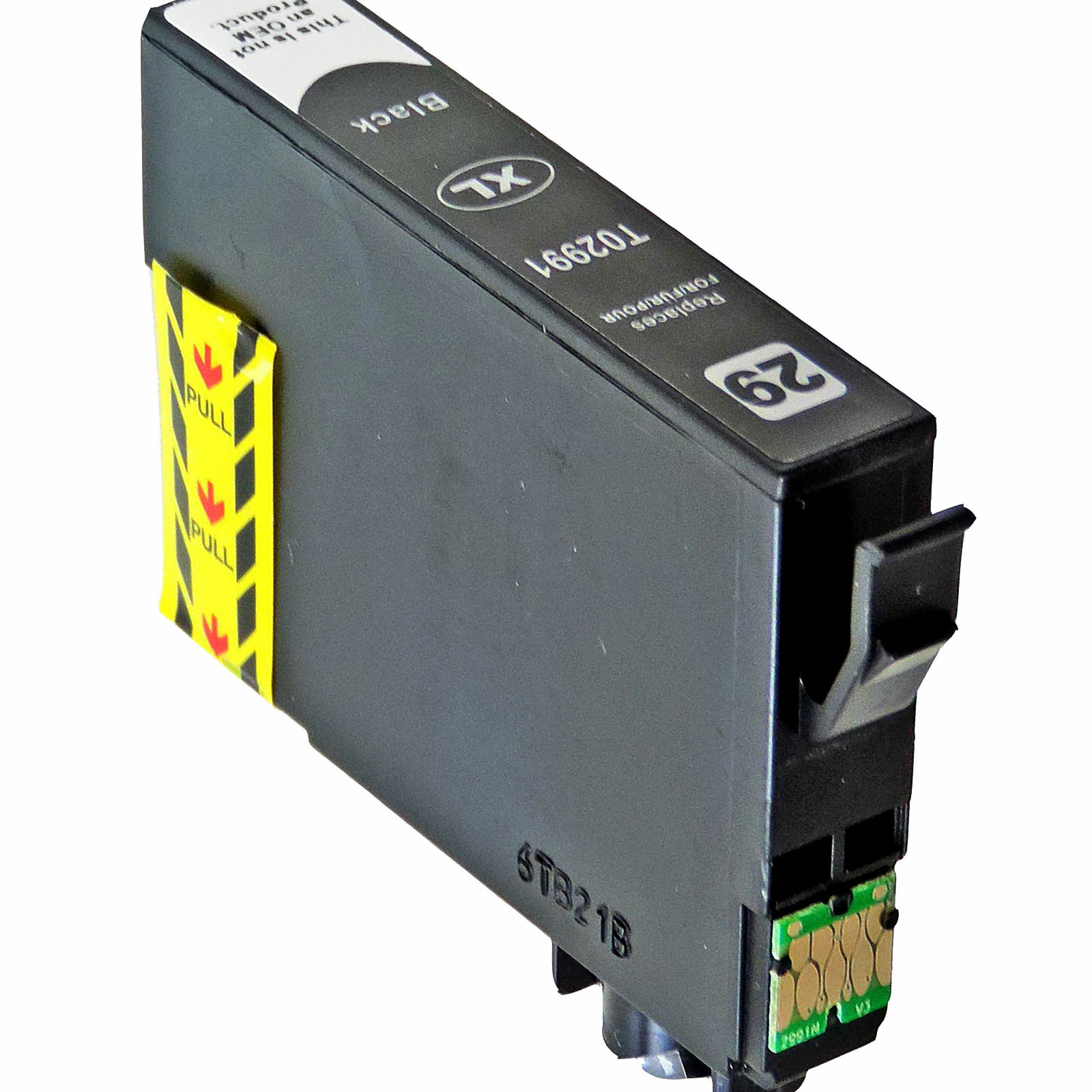 Schwarze Tintenpatrone mit Aufschrift 'T02991'. Gelber 'Pull'-Aufkleber und grüner Chip.