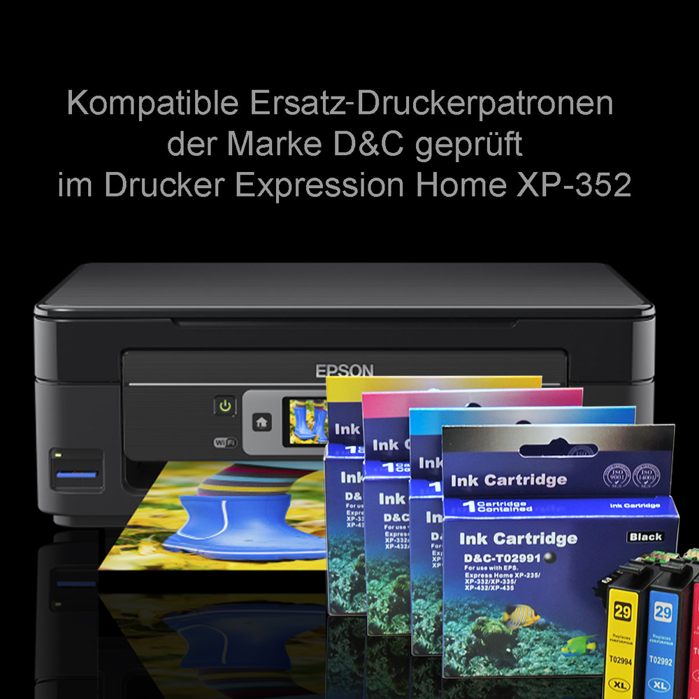 Ein Epson-Drucker mit Tintenpatronen. Die Patronen sind mit Tintennamen beschriftet.