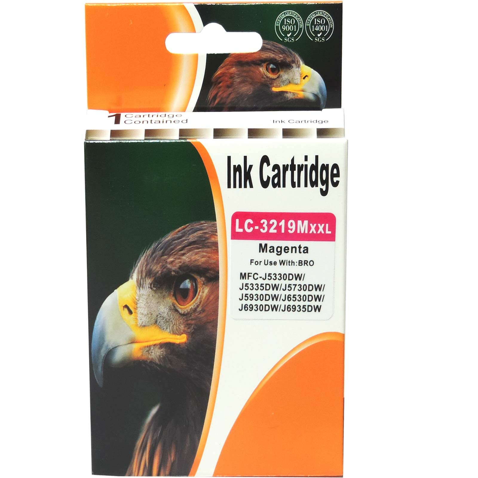 Tintenpatronenbox mit Adlerkopf-Illustration und Text 'Ink Cartridge LC-3219MxxL' in Magenta.