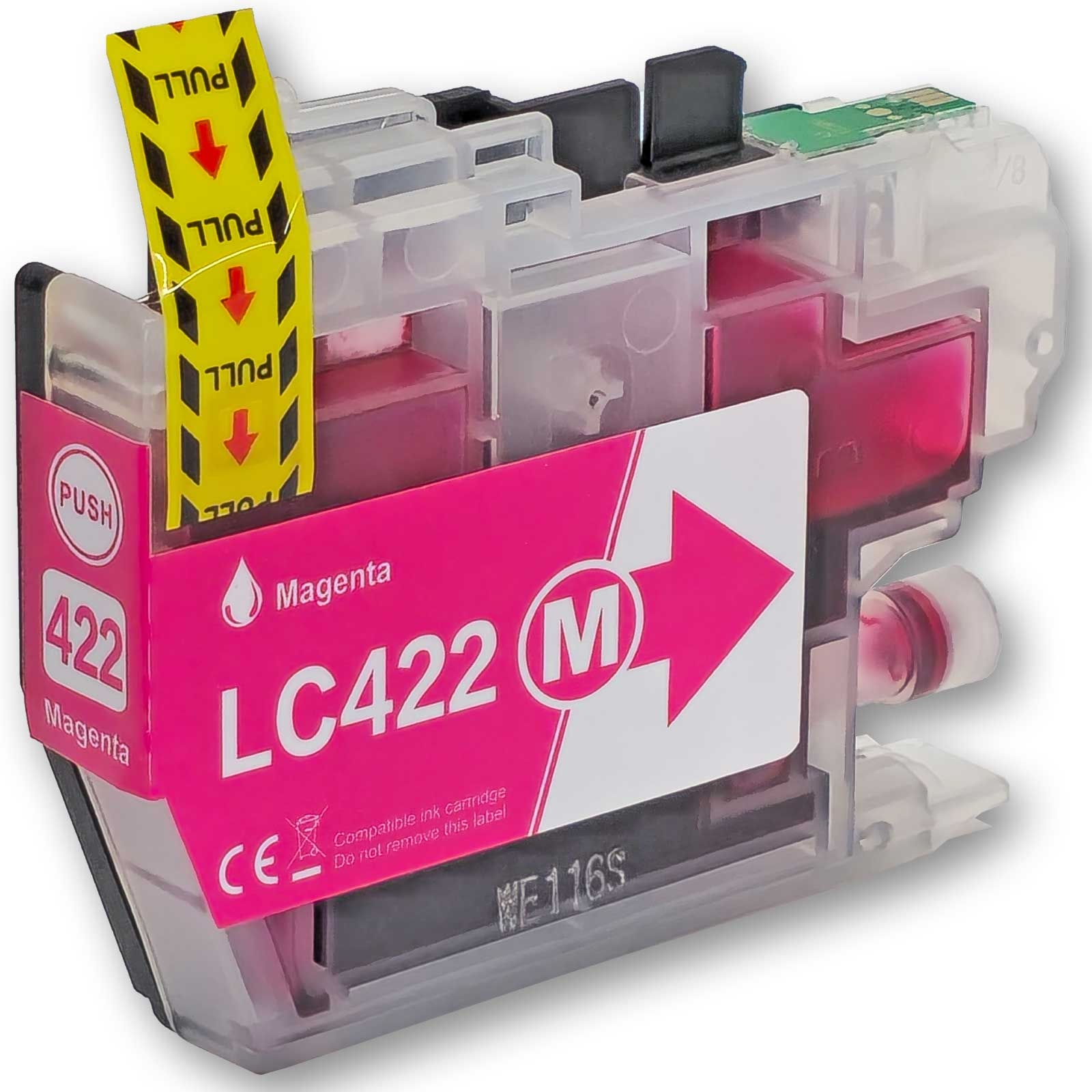 Magenta-Druckerpatrone mit Aufreißlasche und Aufschrift 'LC422 M' mit Pfeil auf weißem Hintergrund.