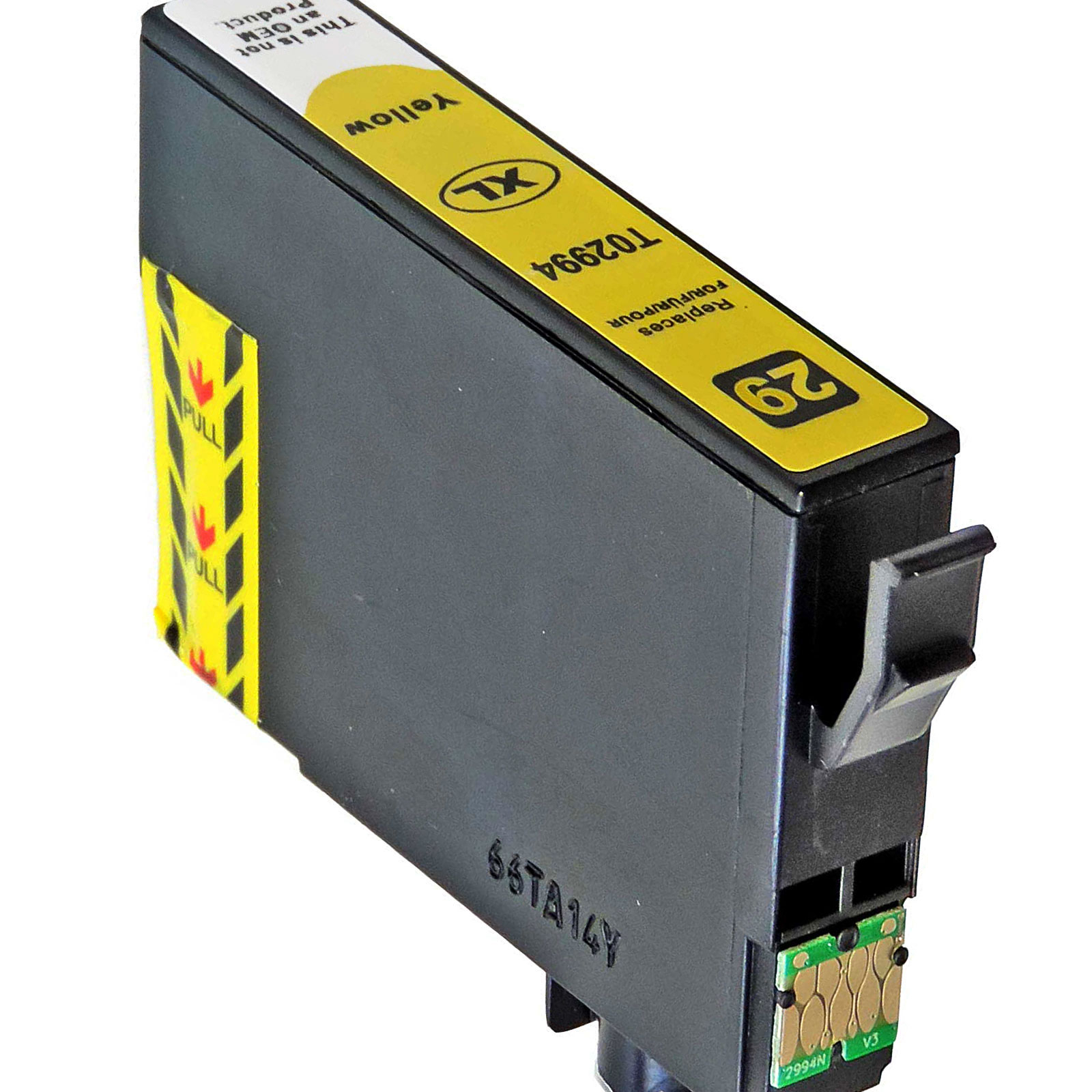 Gelbe Tintenpatrone, schwarz-gelbes Etikett 'Yellow XL'. Text: T02994. Ersetzt 29.