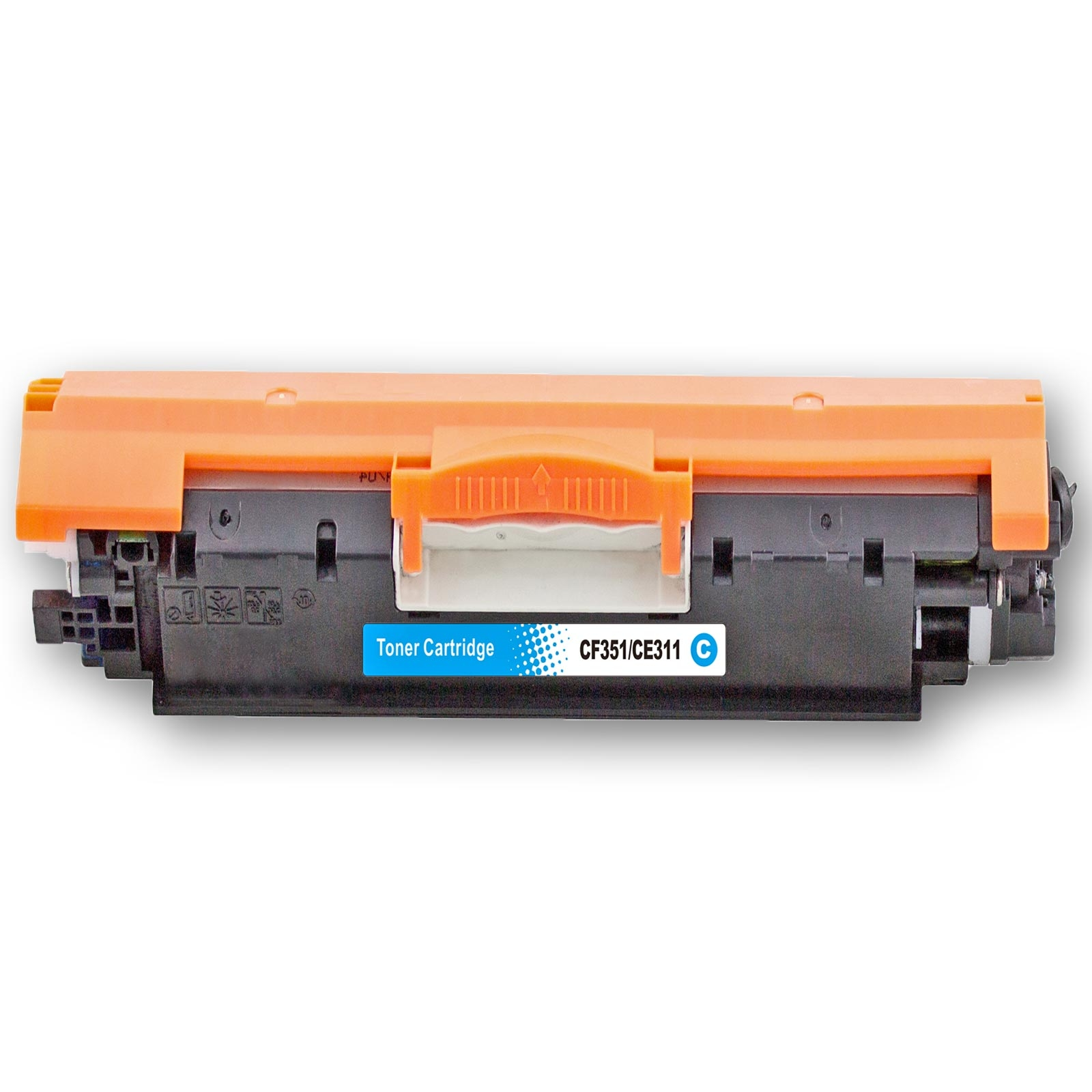 Eine Druckerpatrone. Sie ist schwarz mit orangefarbener Basis. Text: 'Toner Cartridge CF351/CE311 C'.