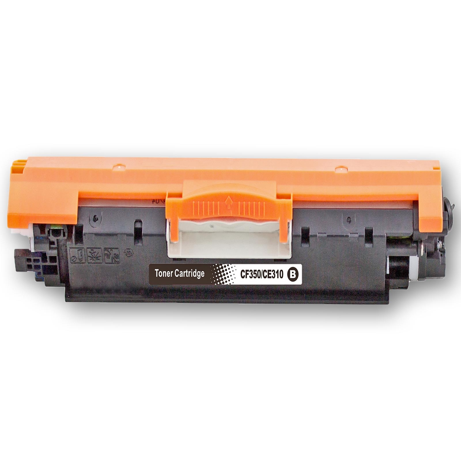 Schwarze und orangefarbene Tonerkartusche mit Etikett mit der Aufschrift 'Toner Cartridge' und 'CF350/CL310'.