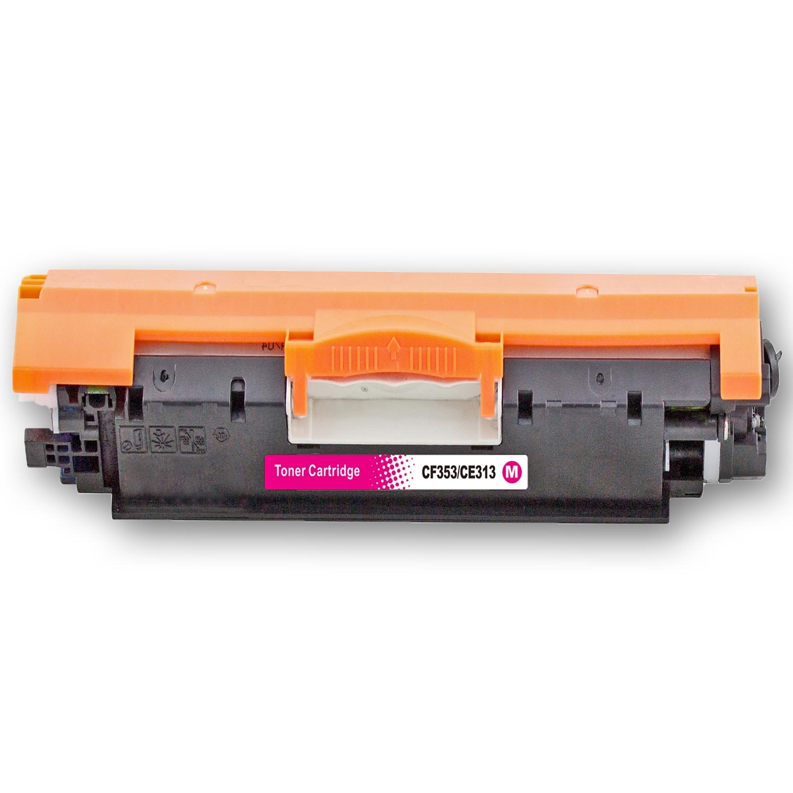 Eine Tonerkartusche in Orange und Schwarz. Sie ist als CF353/CE313 M gekennzeichnet. Das Produkt ist für Drucker bestimmt.