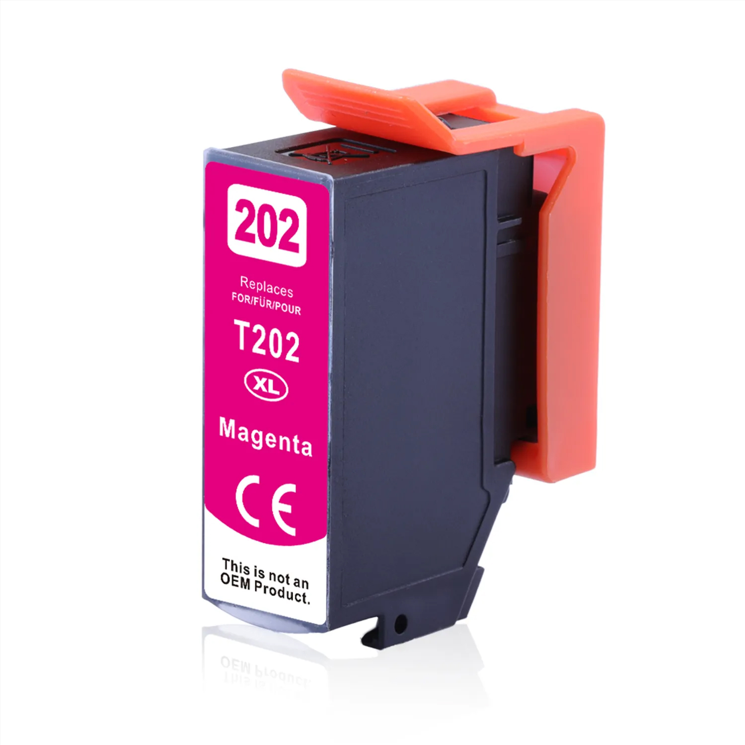 Magenta Tintenpatrone mit orangenem Deckel, schwarzem Korpus und weißem Hintergrund.