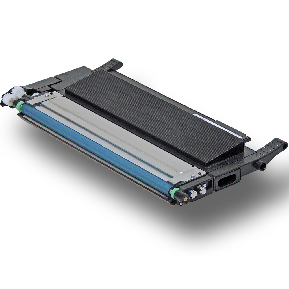 Eine Drucker-Tonerkartusche. Es ist ein schwarzes und blaues rechteckiges Kunststoffobjekt.