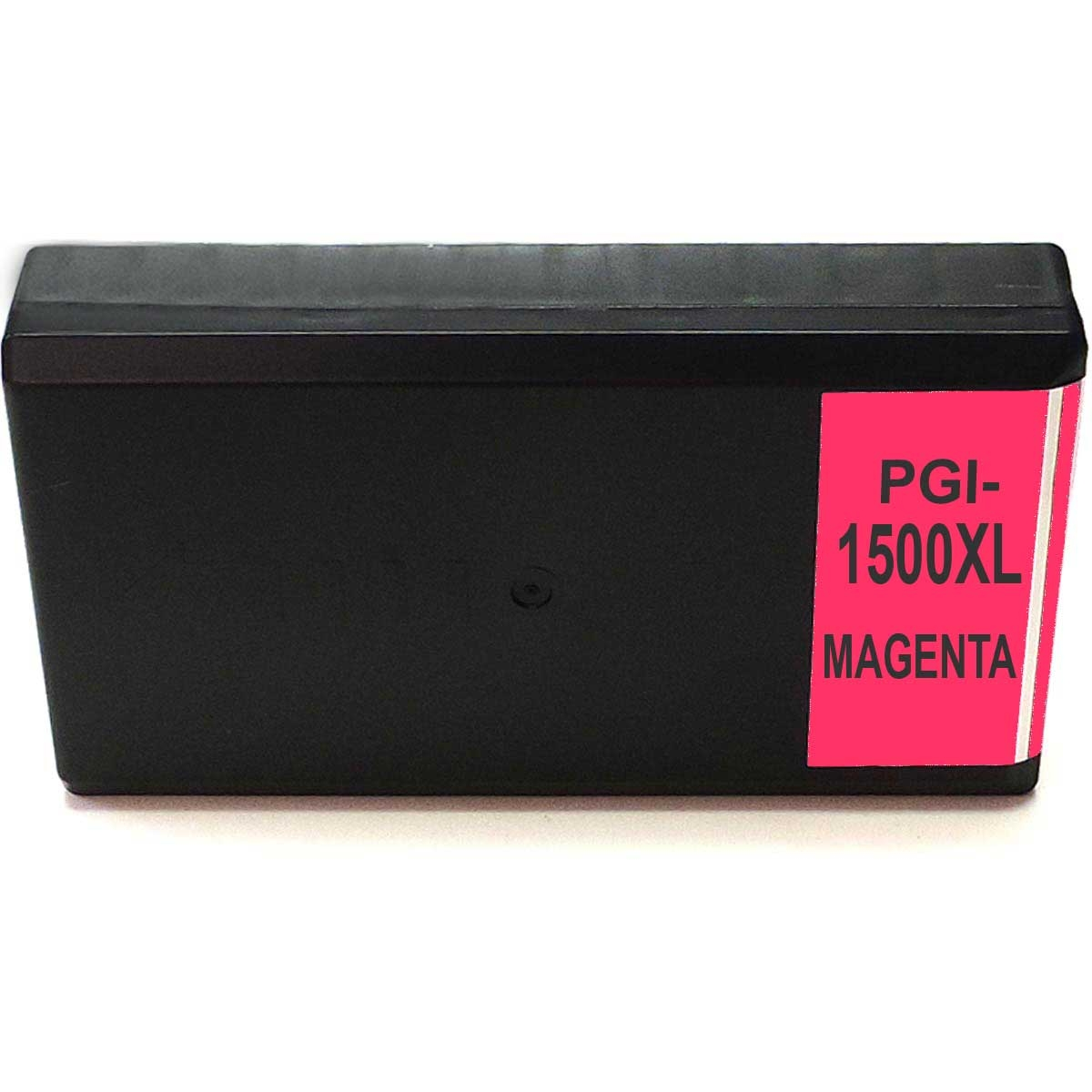 Eine schwarze Druckerpatrone mit einem rosa Etikett mit der Aufschrift "PGI-1500XL MAGENTA".