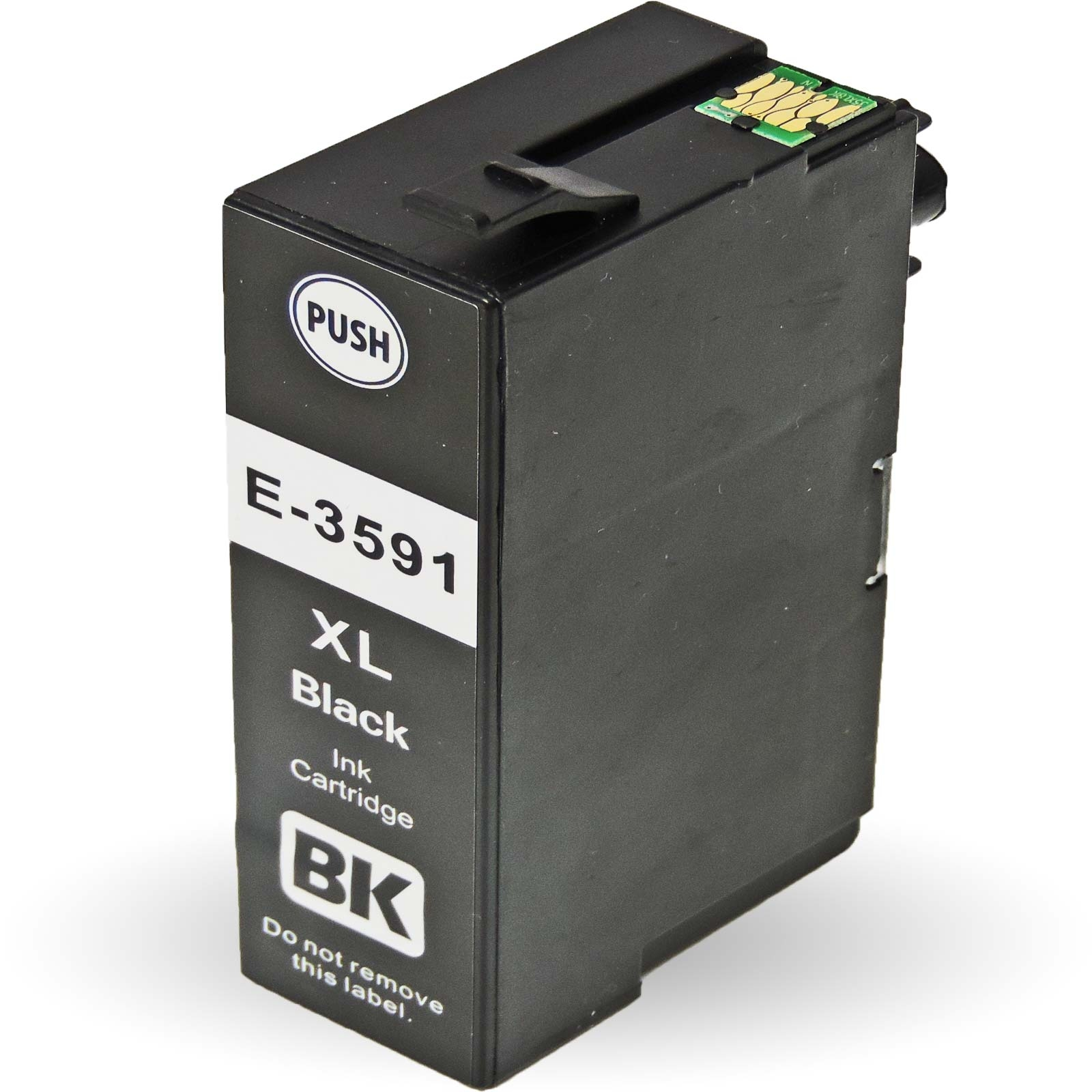 Schwarze XL-Tintenpatrone mit Text: XL Black Ink Cartridge. Die Oberseite hat einen Knopf und die Seite sagt 'Do not remove this label'.