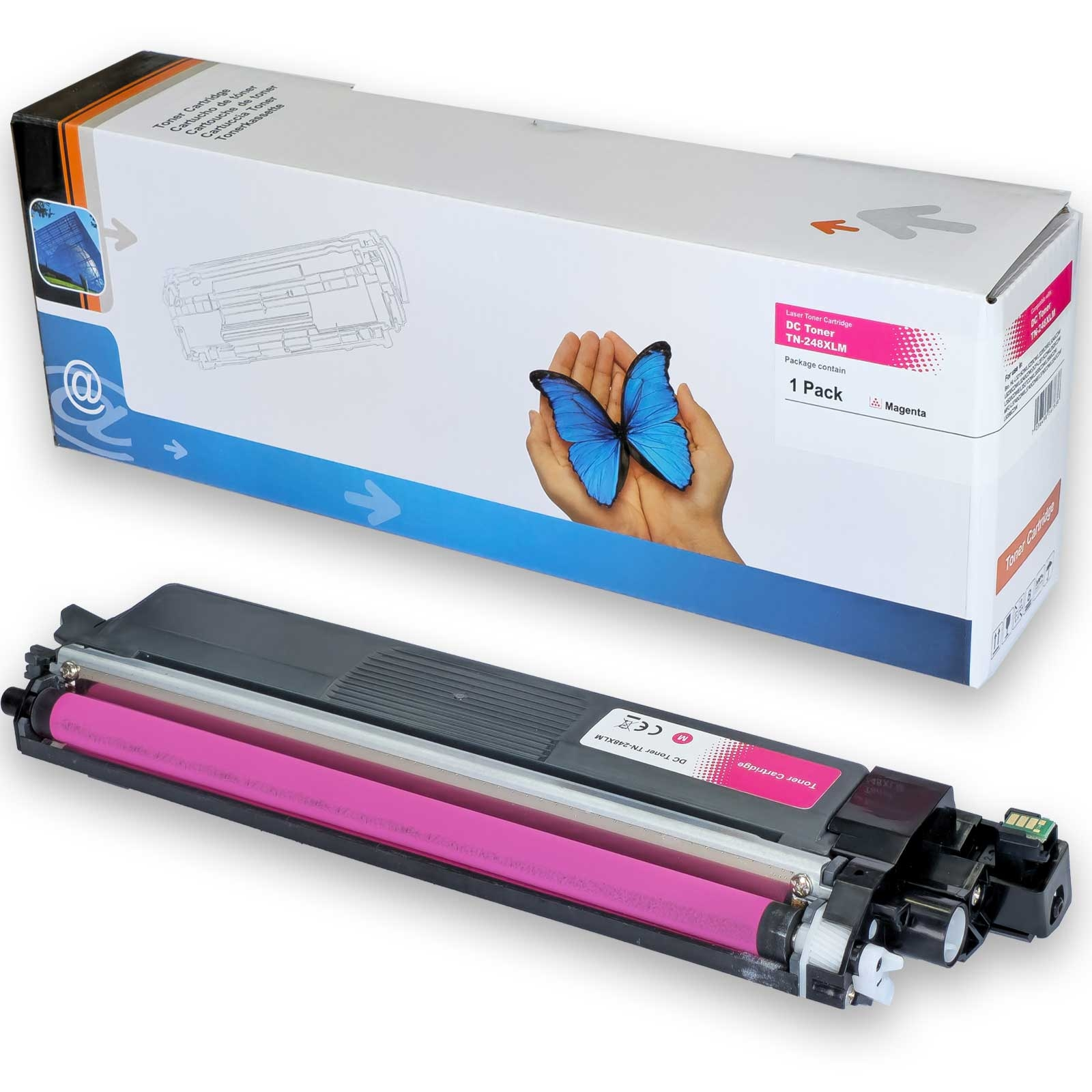 Tonerkartuschenbox und -kartusche. Die Box zeigt eine Hand, die einen blauen Schmetterling freisetzt. Die Patrone ist rosa.