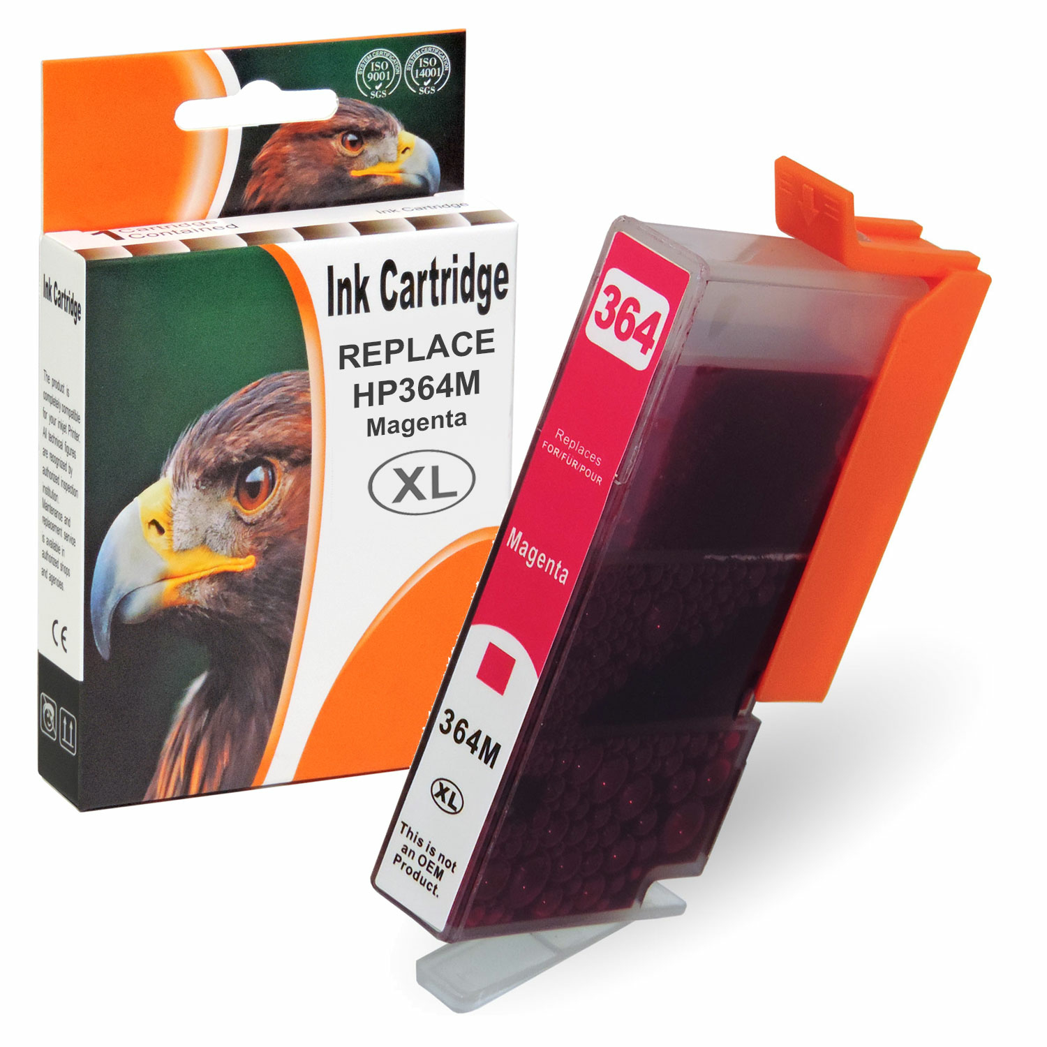 Magenta Tintenpatrone. Box zeigt einen Vogel. Patrone ist magenta.