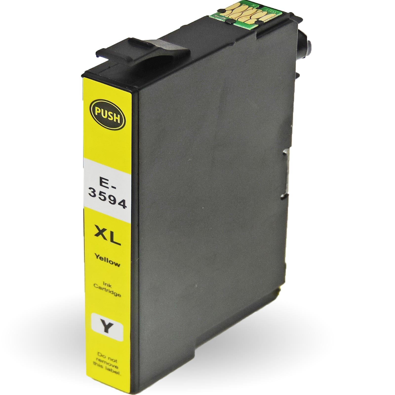 Gelbe Tintenpatrone mit schwarzem Etikett. Sie ist mit dem Text: E-3594, XL und Gelb beschriftet.