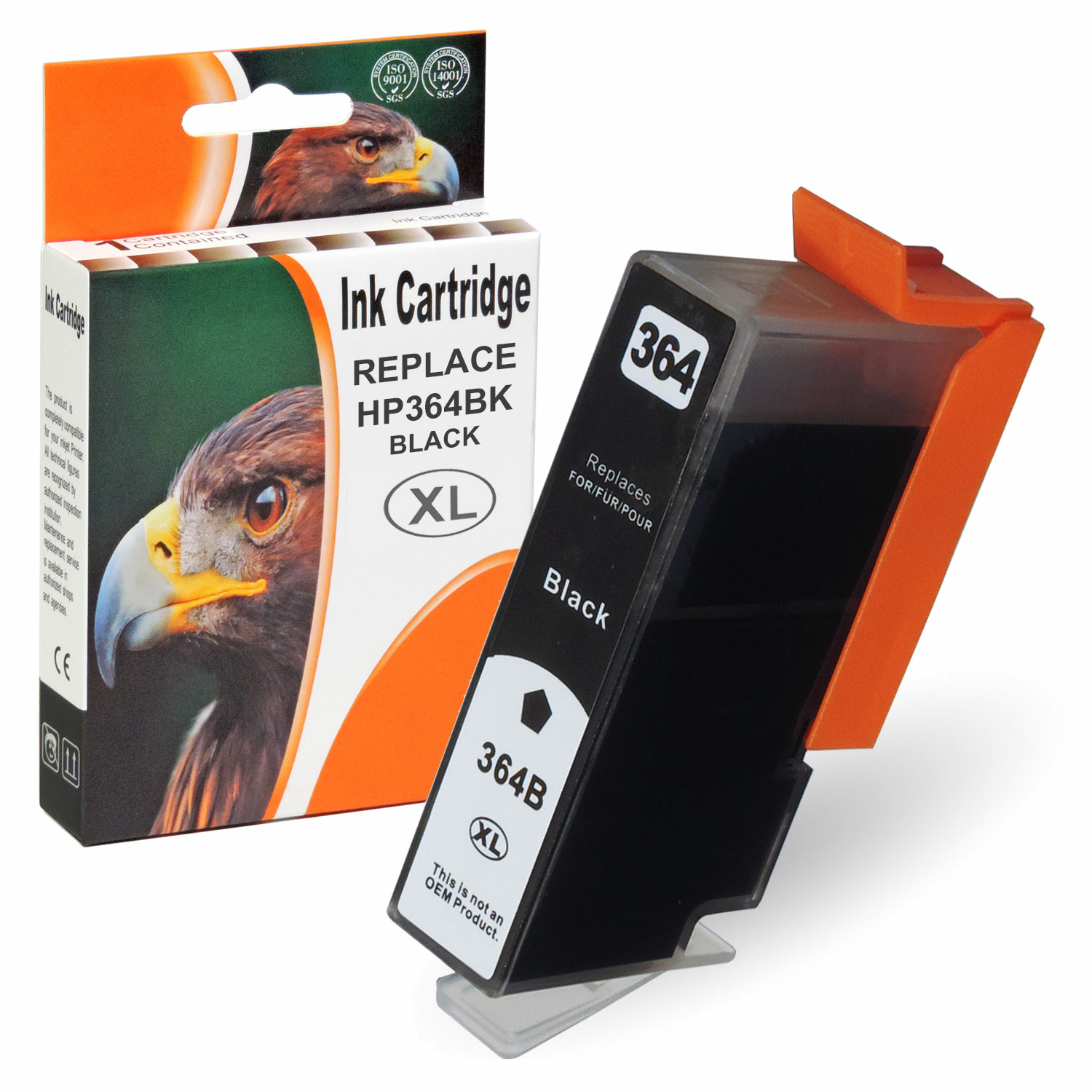 Tintenpatronenbox, schwarze Patrone, Adlerbild, orange und grüne Farben, XL-Größe.