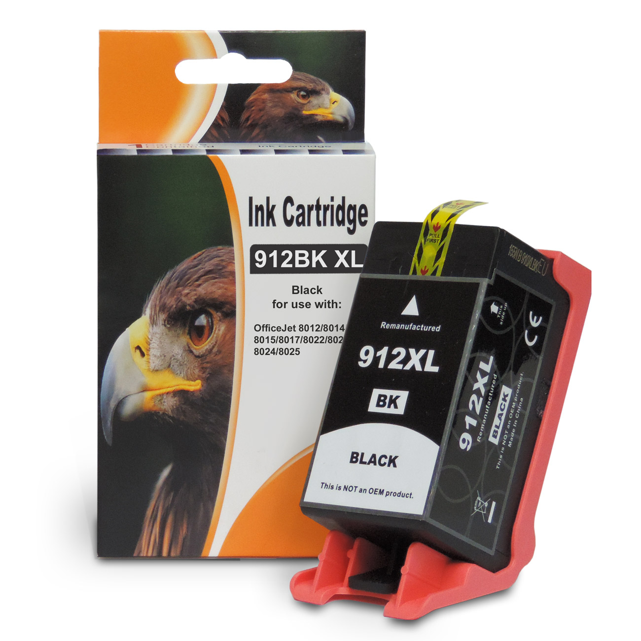 Eine schwarze Tintenpatrone in einer Box mit einem Vogel und dem Text 'Ink Cartridge'.