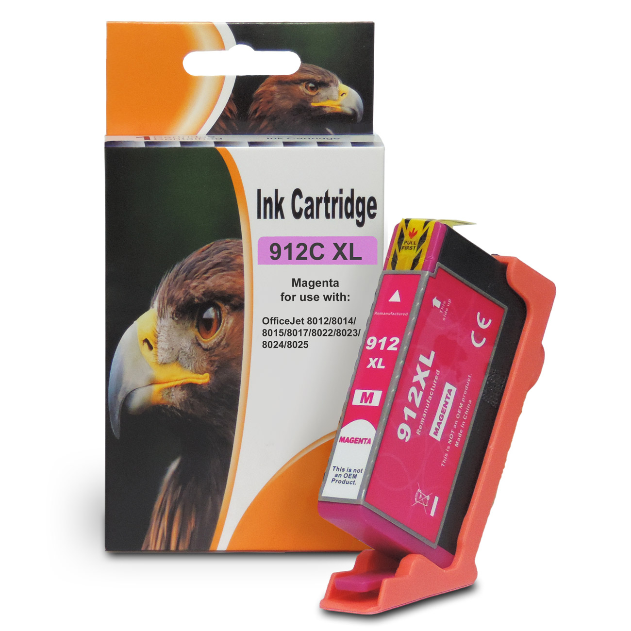 Tintenpatrone mit einer Box. Die Box hat ein Adlerbild. Die Patrone ist rosa und in einem Halter.