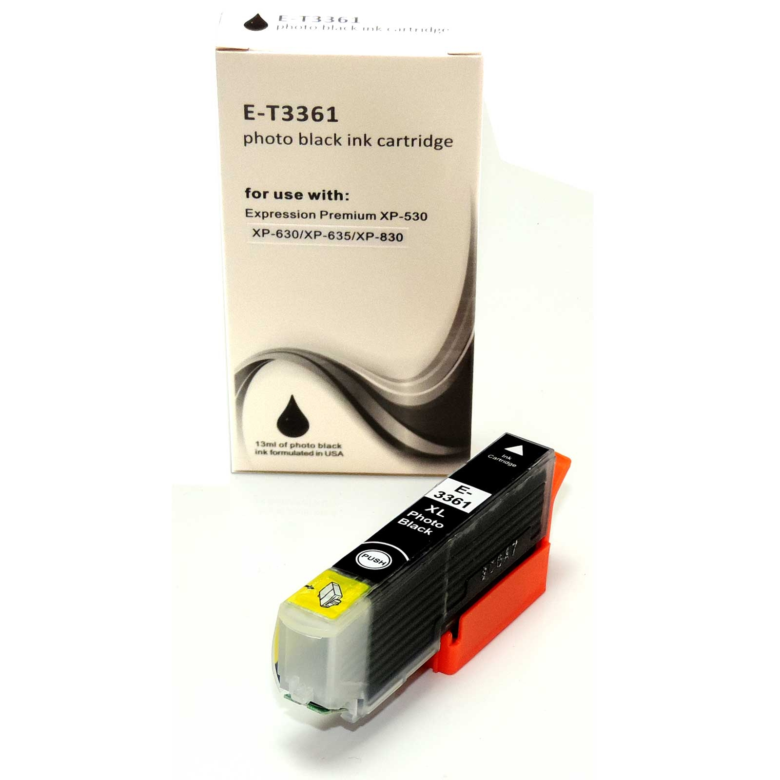 Tintenpatronenbox und Patrone auf orangefarbenem Halter. Die Box ist weiß und schwarz.