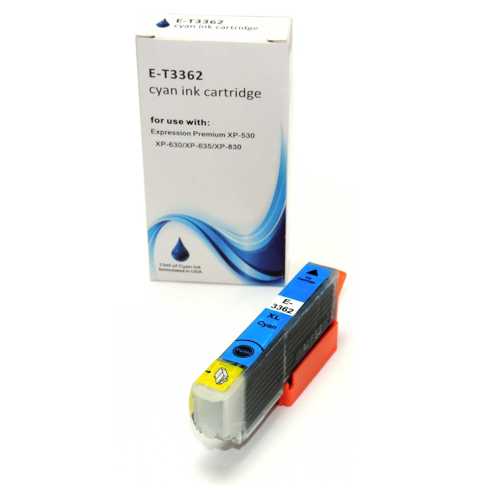 Eine cyanfarbene Tintenpatrone und ihre Box, mit weißem Hintergrund.