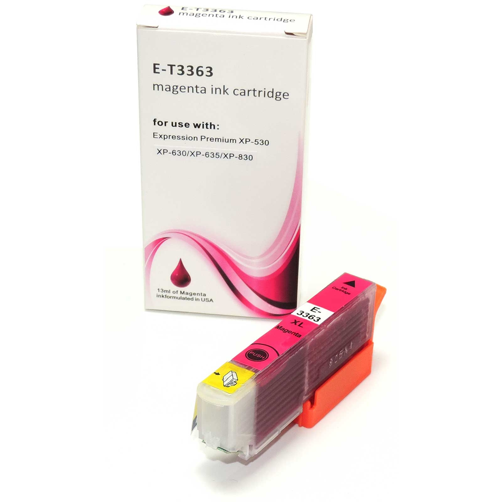 Magenta Tintenpatrone und Box. Box mit Text und magenta Tintentröpfchen-Grafik. Weißer Hintergrund.