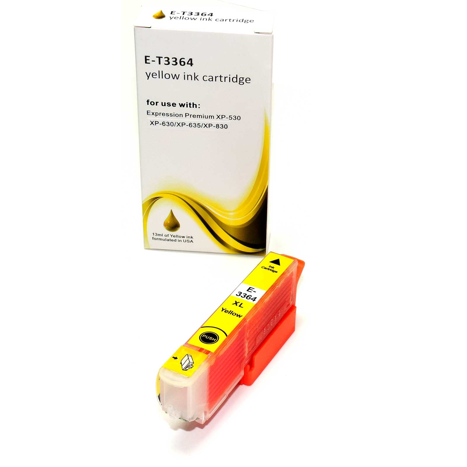 Gelbe Tintenpatrone und Schachtel. Die Schachtel zeigt einen gelben Tropfen. Patrone im Halter.