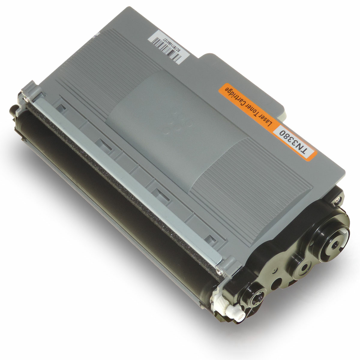 Graue Tonerkartusche mit orangefarbenem Etikett mit der Aufschrift TN3380 Laser-Tonerkartusche