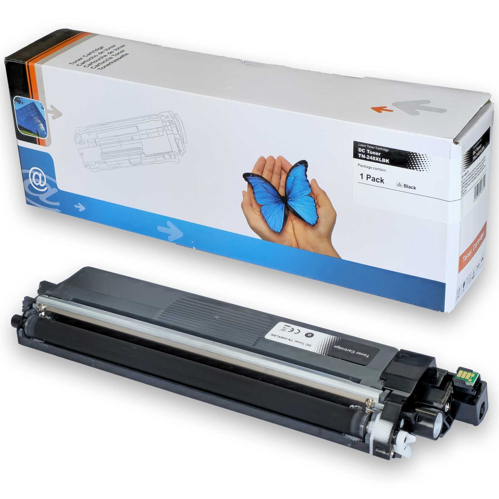 Tonerpatronenbox mit Schmetterling und Händen. Die Patrone ist schwarz, mit einer weißen Box mit der Aufschrift 'DC Toner'.