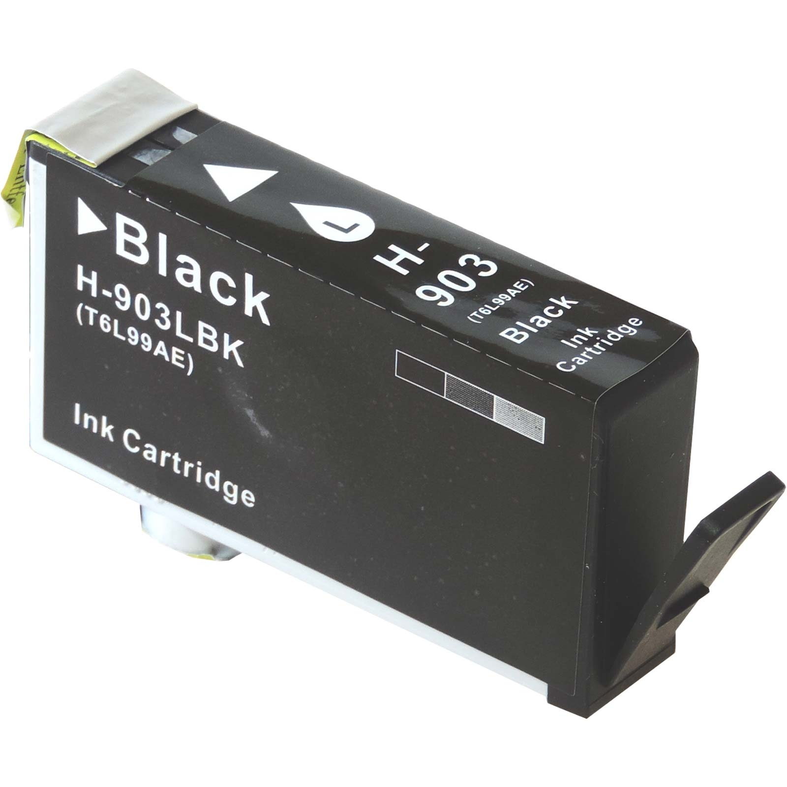 Schwarze Tintenpatrone mit schwarzem Etikett und weißem Text, schwarzem Kunststoff und Hebel.