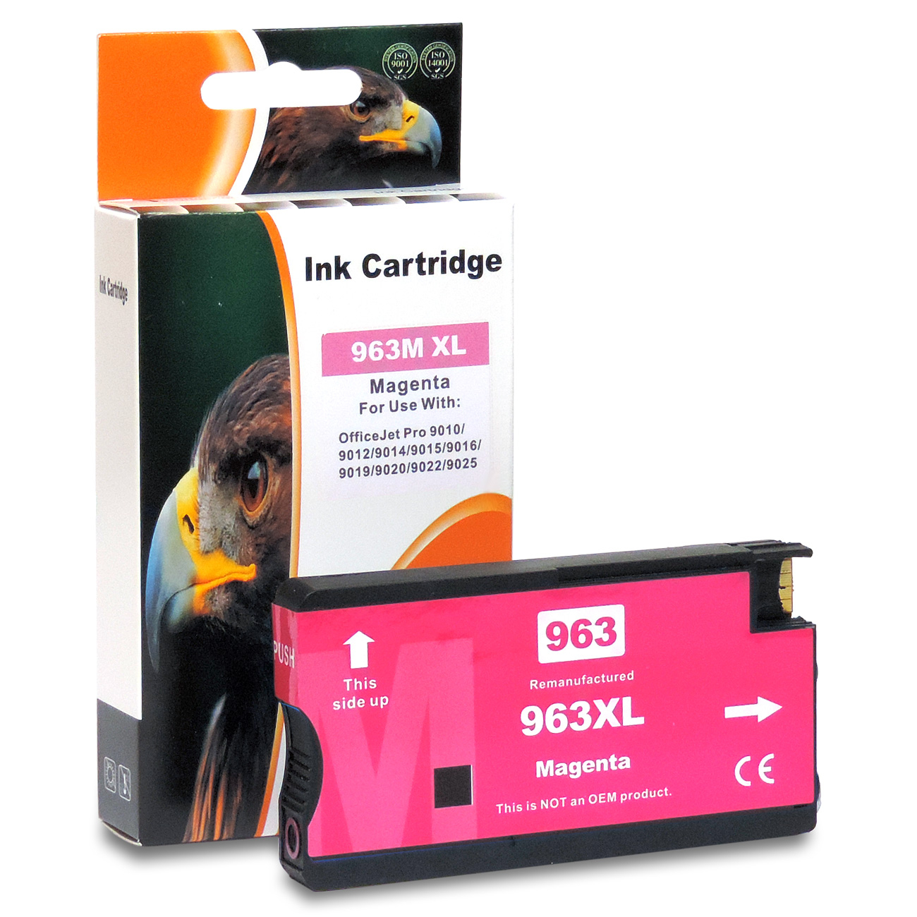 Magenta-Tintenpatrone mit einer Box mit einem Bild eines Adlers. Auf der Patrone steht 'Magenta'.