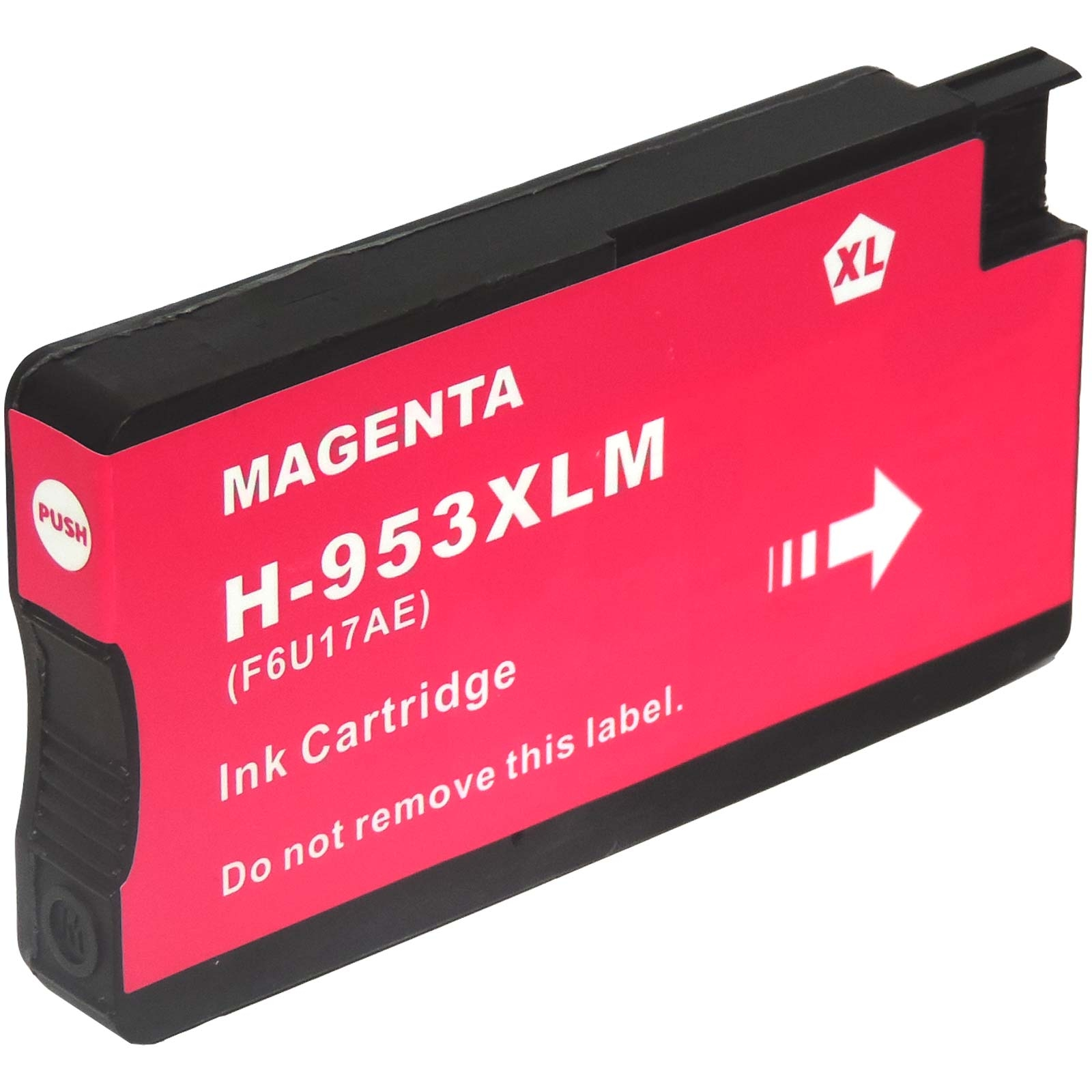 Eine magentafarbene Tintenpatrone mit schwarzem Gehäuse und weißem Text.