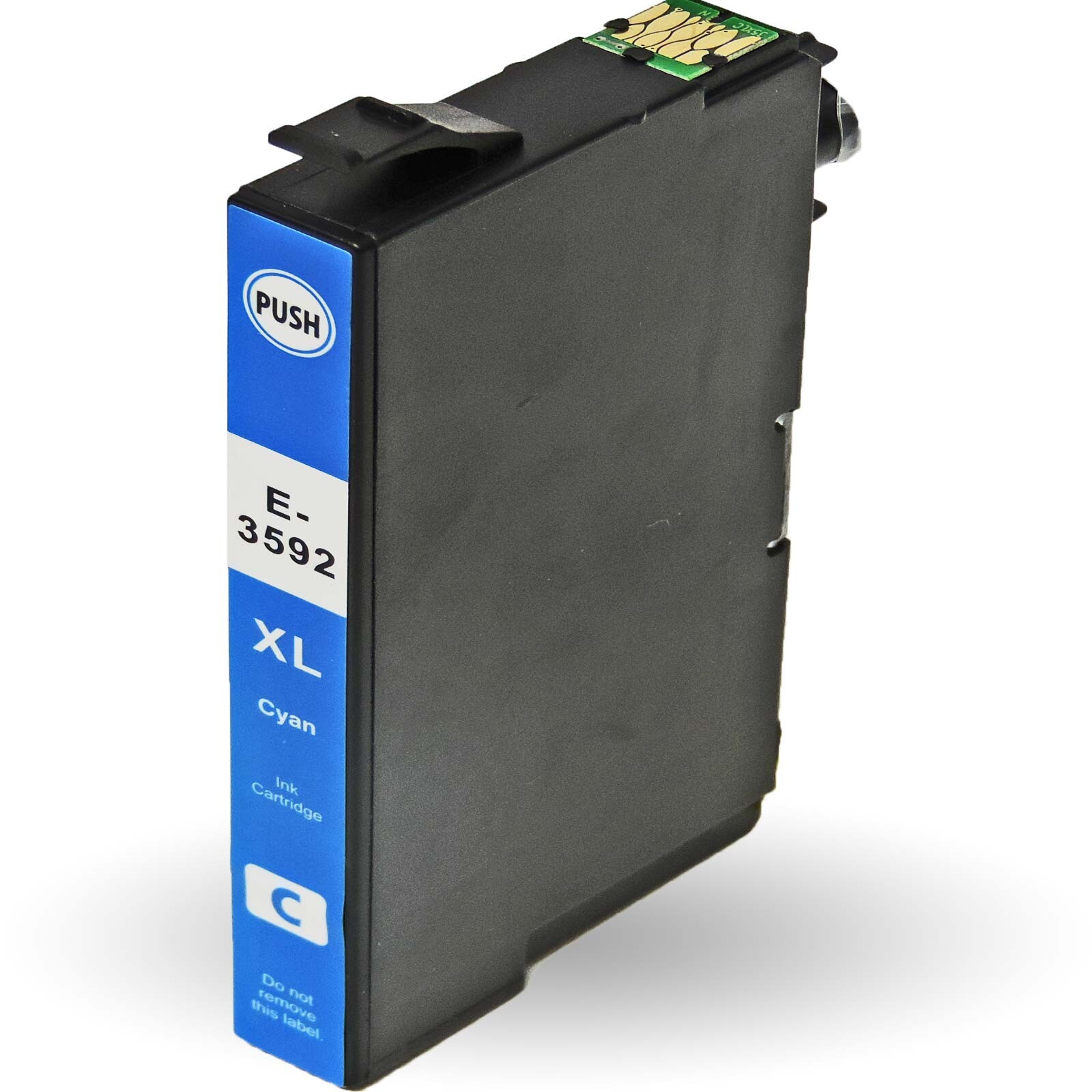 Cyan-Tintenpatrone mit der Bezeichnung E-3592 XL. Hat einen Push-Tab und das Wort Cyan.