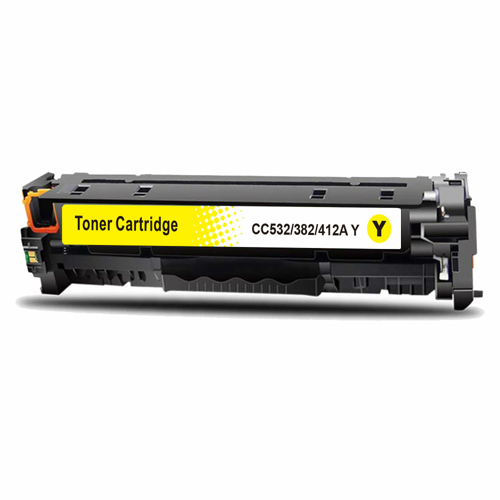 Gelbe Tonerkartusche mit Aufschrift: Toner Cartridge CC532/382/412A Y. Die Kartusche ist schwarz und gelb.