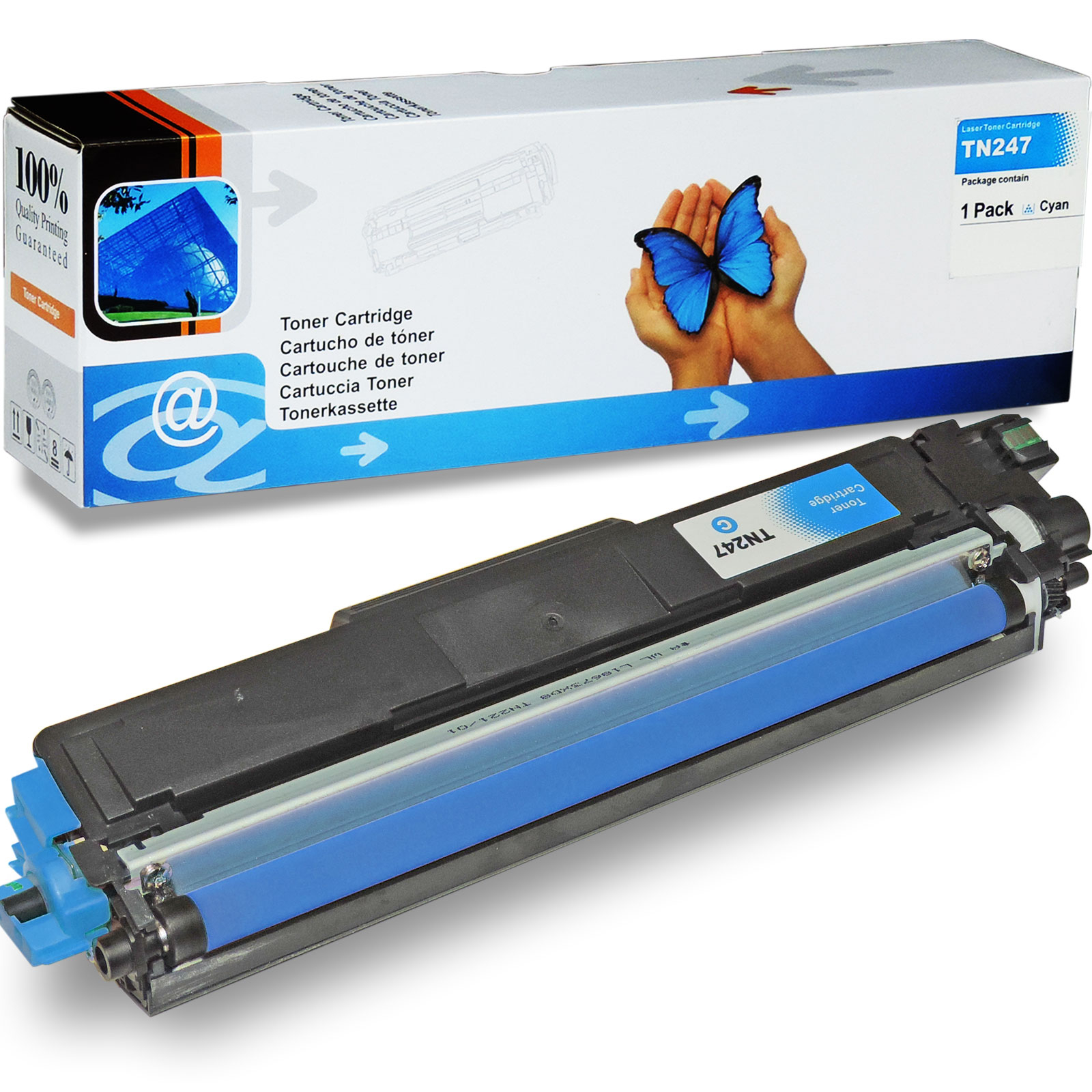 Cyan Tonerkartusche in einer Box mit einem blauen Schmetterlingsbild und der Kartusche selbst.