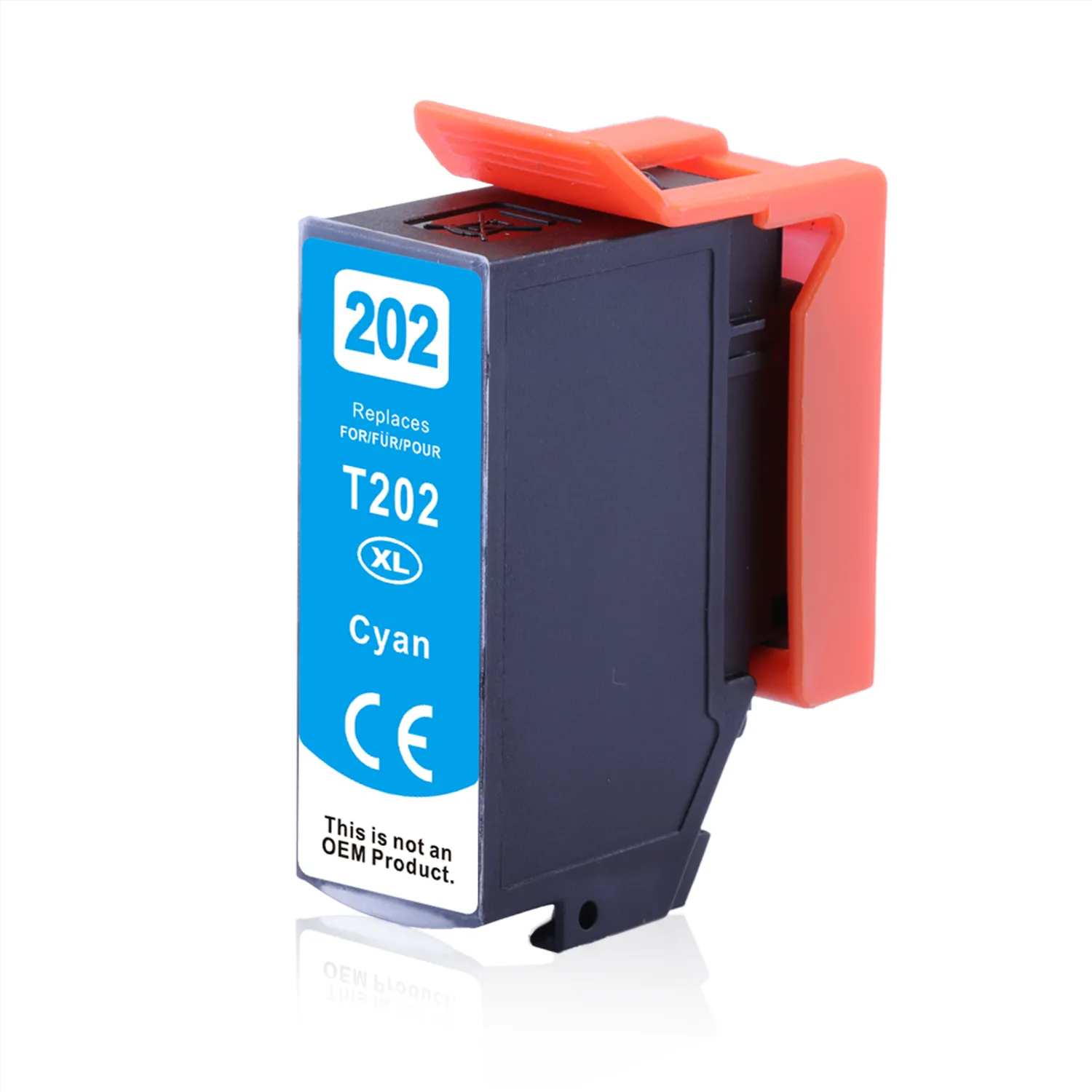 Cyan-Tintenpatrone mit orangefarbenem Hebel. Die Patrone ist mit Cyan, T202 und der Nummer 202 beschriftet.