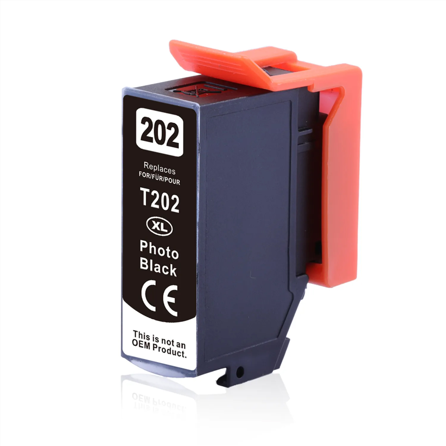 Schwarze Tintenpatrone mit orangefarbenem Halter. Sie ist mit dem Text: 202, T202, XL und Photo Black beschriftet.