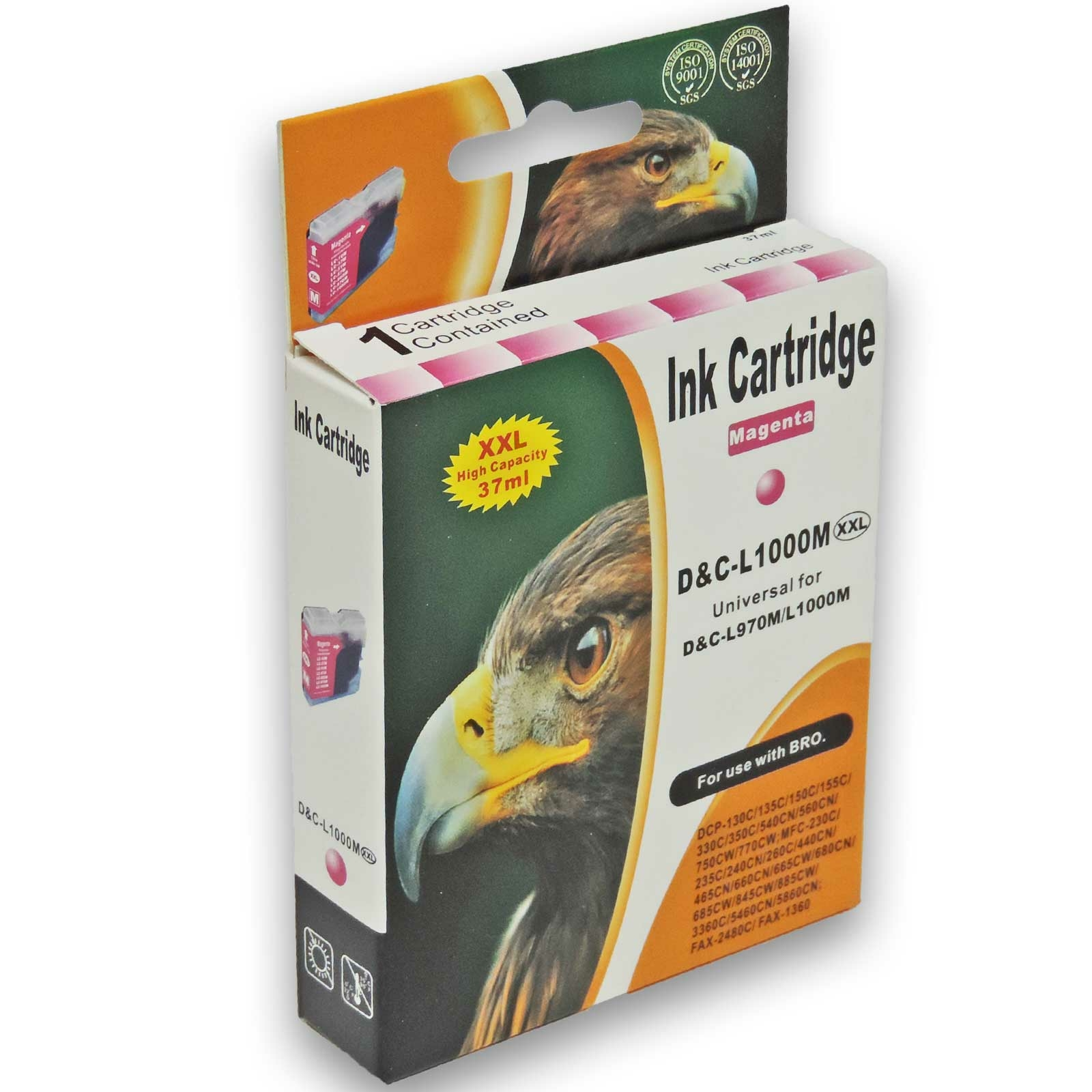 Magenta Tintenpatrone in Box mit Adlerbild. Text auf der Box. Weißer Hintergrund.