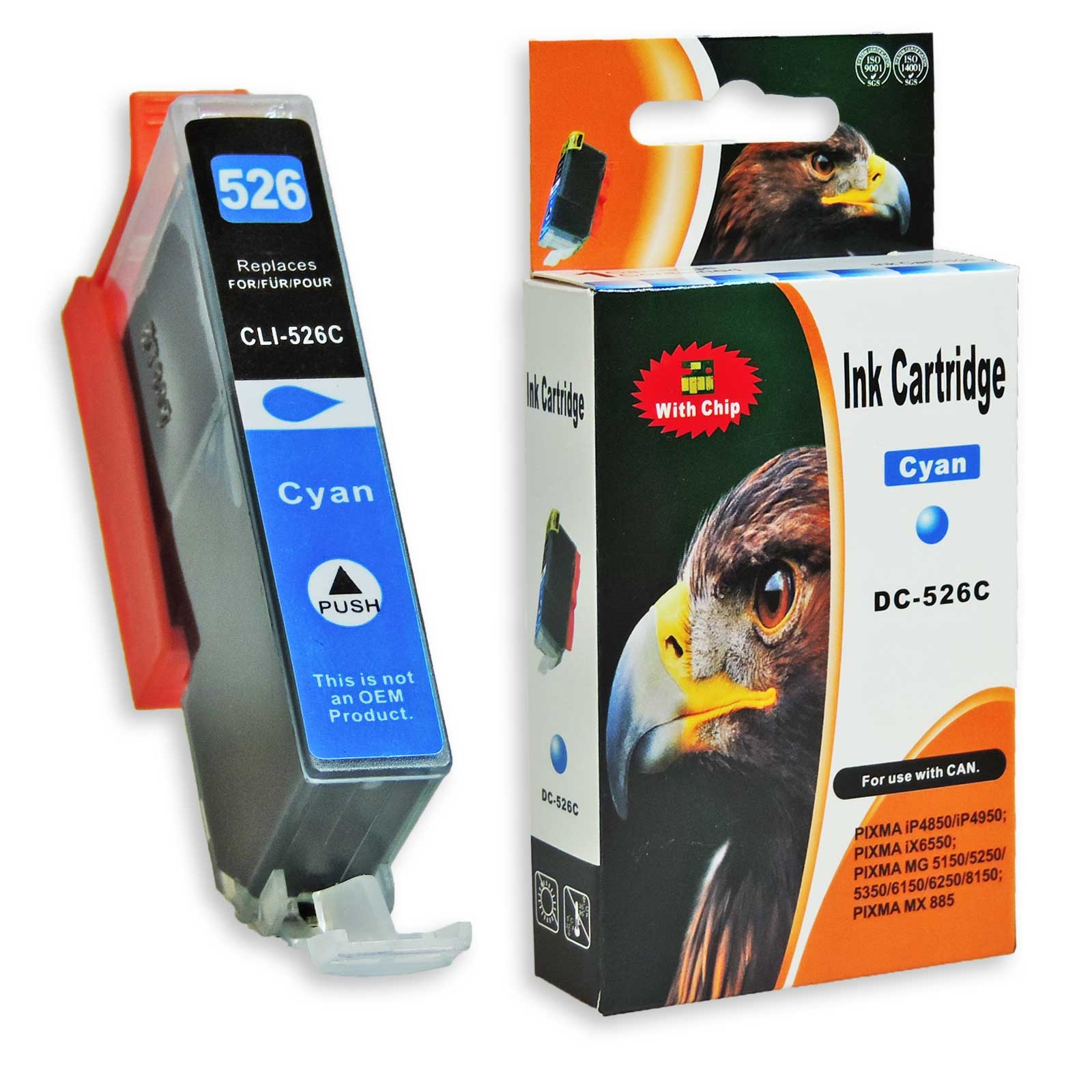 Zyan-Tintenpatrone mit rotem Clip und Verpackung mit Adler-Illustration.