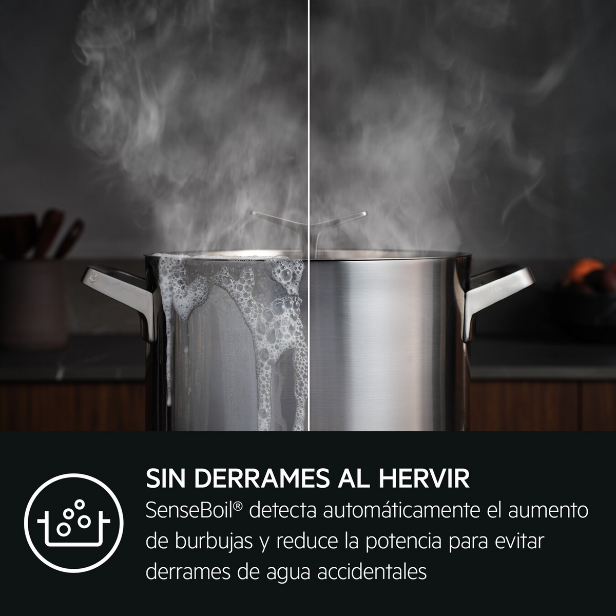 Olla de acero inoxidable hirviendo sin derrames. Texto: SIN DERRAMES.