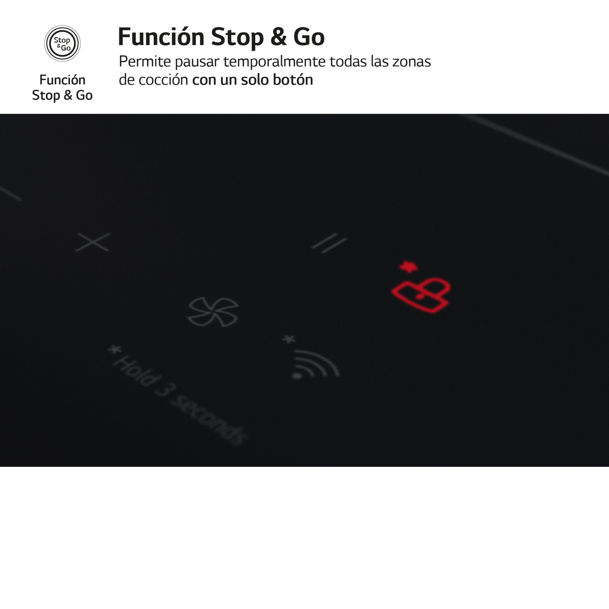 Icono de candado rojo en encimera negra, con texto 'Hold 3 seconds'.