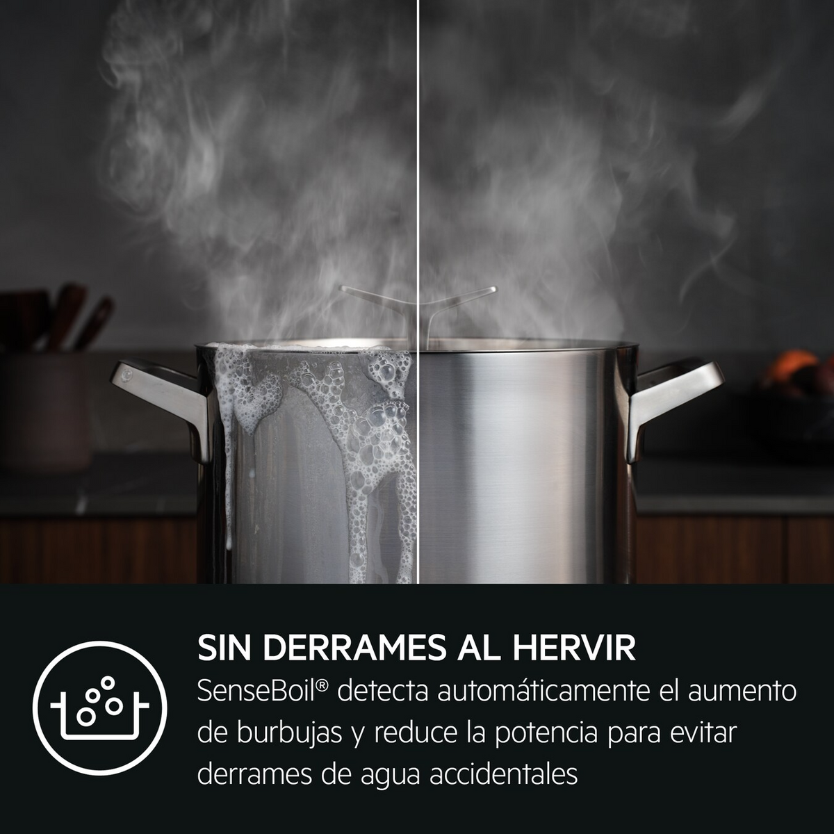 Dwa garnki, jeden wykipi, drugi nie, z tekstem: Bez rozlewania podczas gotowania.