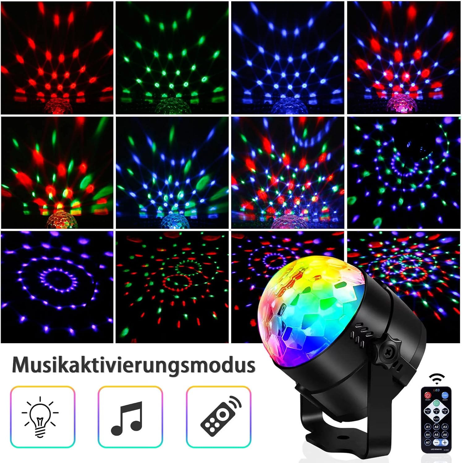 Eine Discokugel mit mehreren Farben. Sie strahlt verschiedenfarbige Lichter aus.