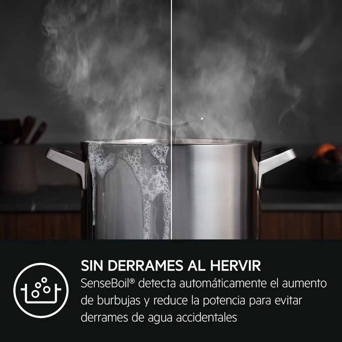 Garnek ze stali nierdzewnej z parą, pokazujący zapobieganie wykipieniu przed i po.