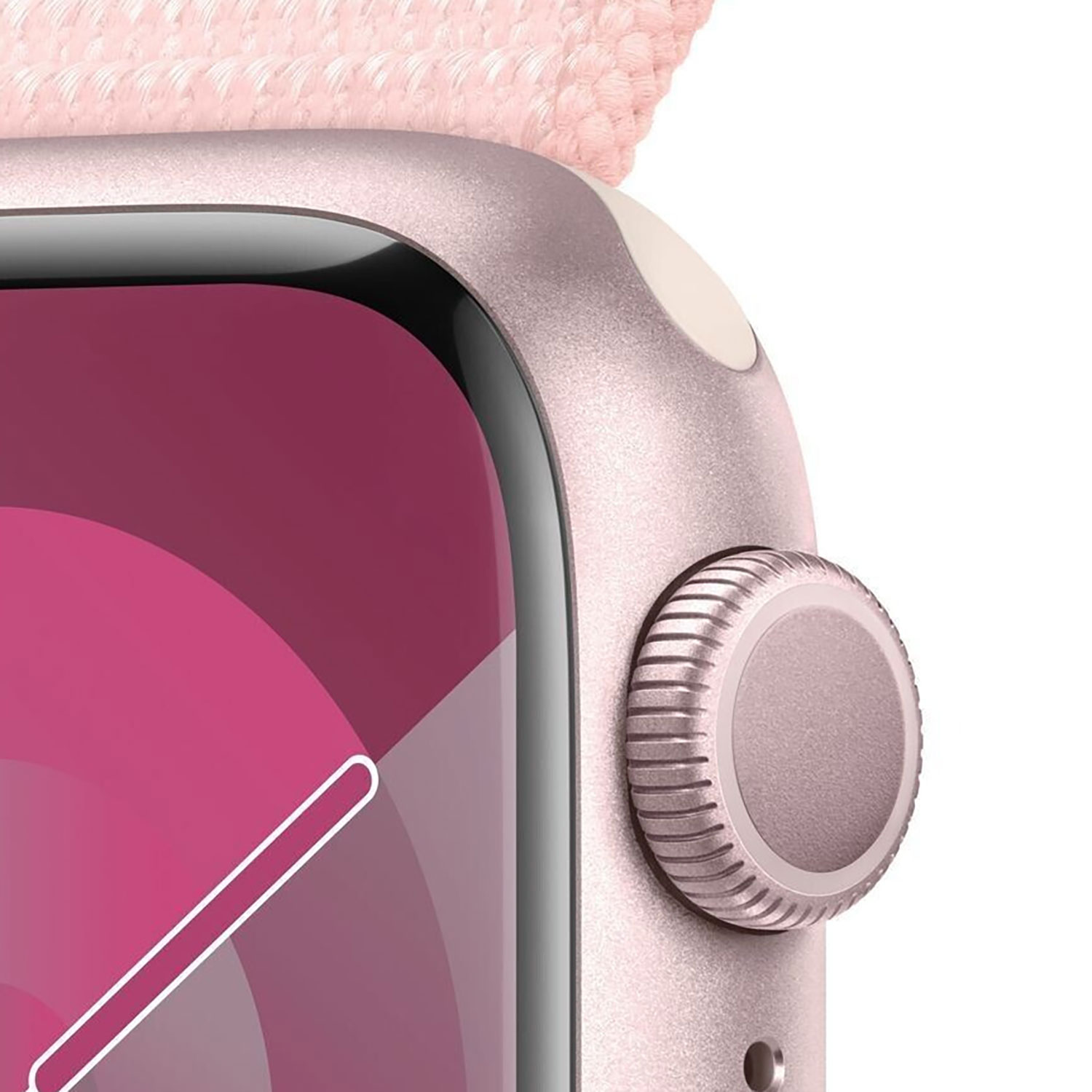 Nahaufnahme einer roségoldenen Apple Watch, zeigt einen rosa Bildschirm und ein rosa Armband.