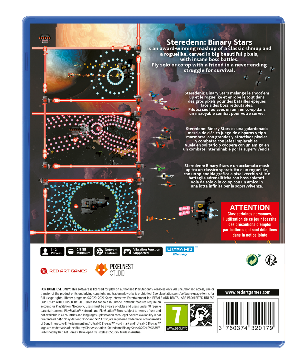 Parte trasera de la caja del juego, con detalles, logo y gráficos. La portada es de un juego espacial.