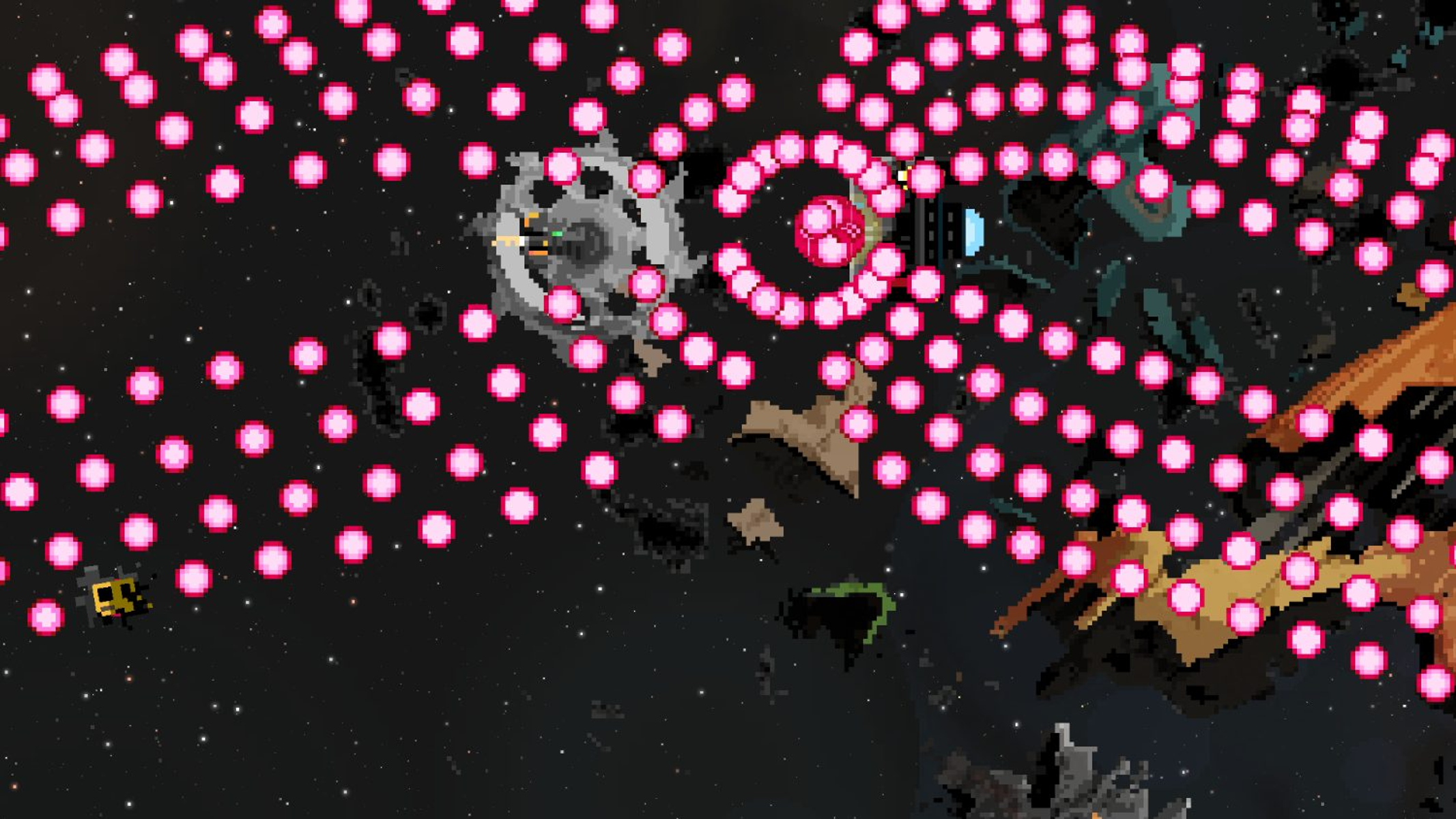 Scena spaziale pixelata con sfere rosa e una struttura. Navicella spaziale e altri elementi sono presenti.