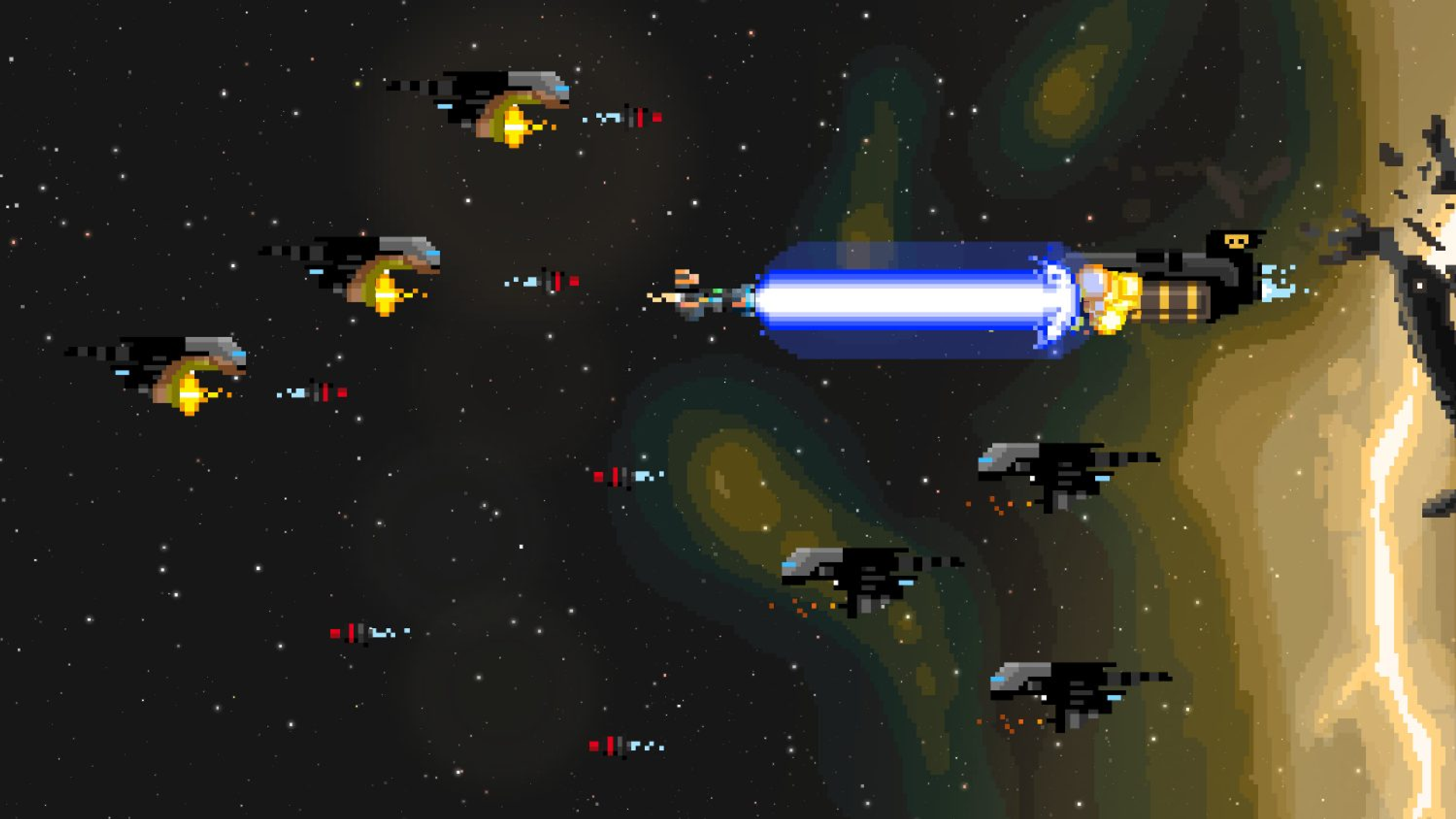 Una scena di battaglia spaziale pixelata con più astronavi che sparano laser in uno sfondo stellato.