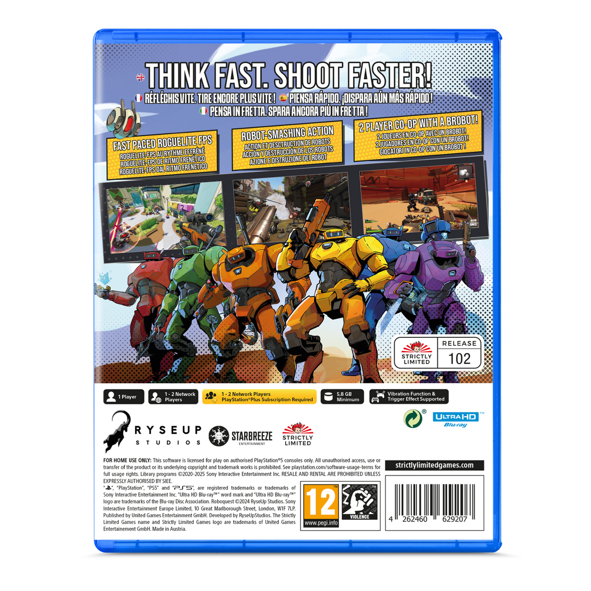Parte trasera de la caja del juego con robots en un campo de batalla. Texto describe funciones como conteo de jugadores.