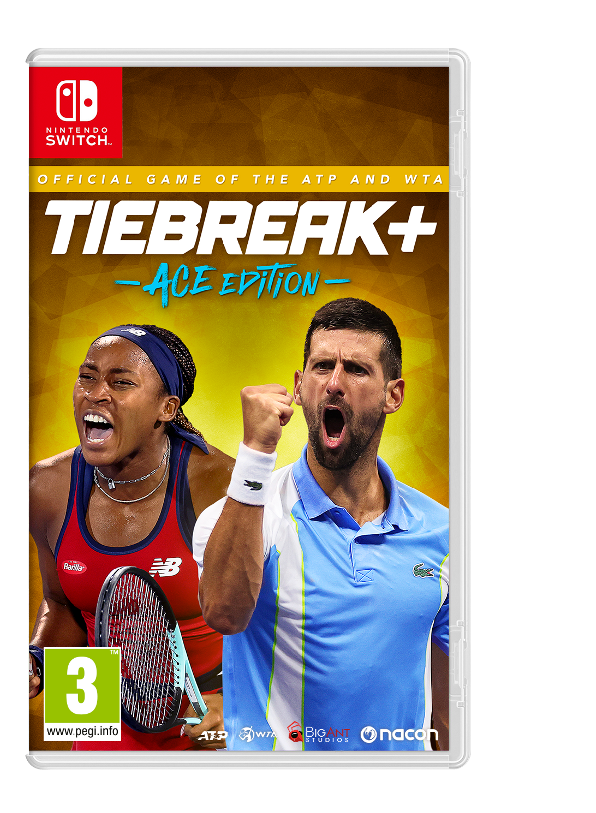 Scatola del gioco con giocatori di tennis, etichettata 'Tiebreak+'.