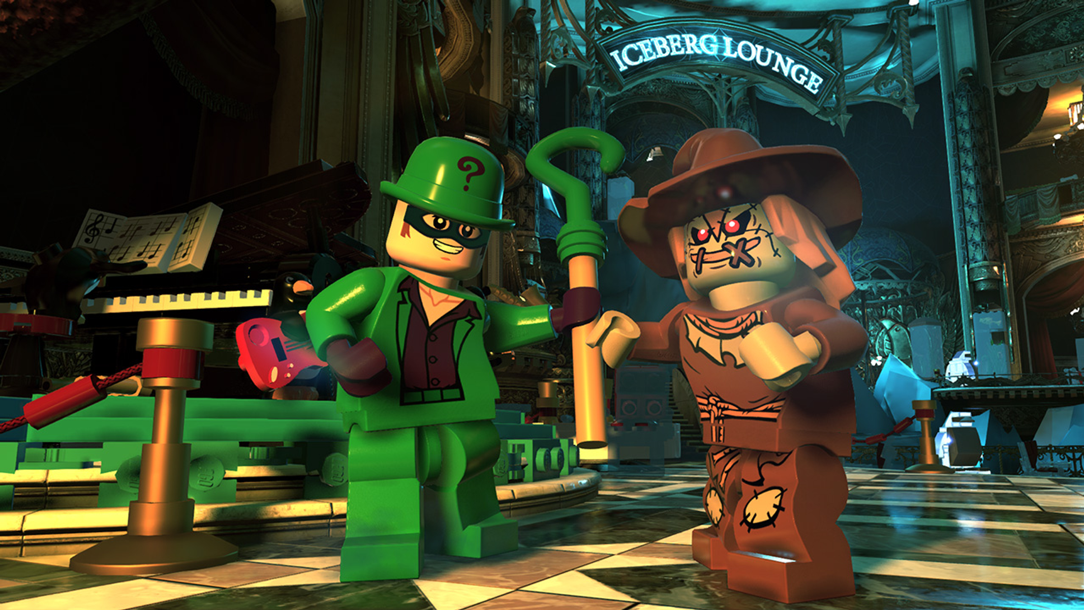 Personaggi Lego: L'Enigmista e Spaventapasseri in una stanza con la scritta 'ICEBERG LOUNGE'.