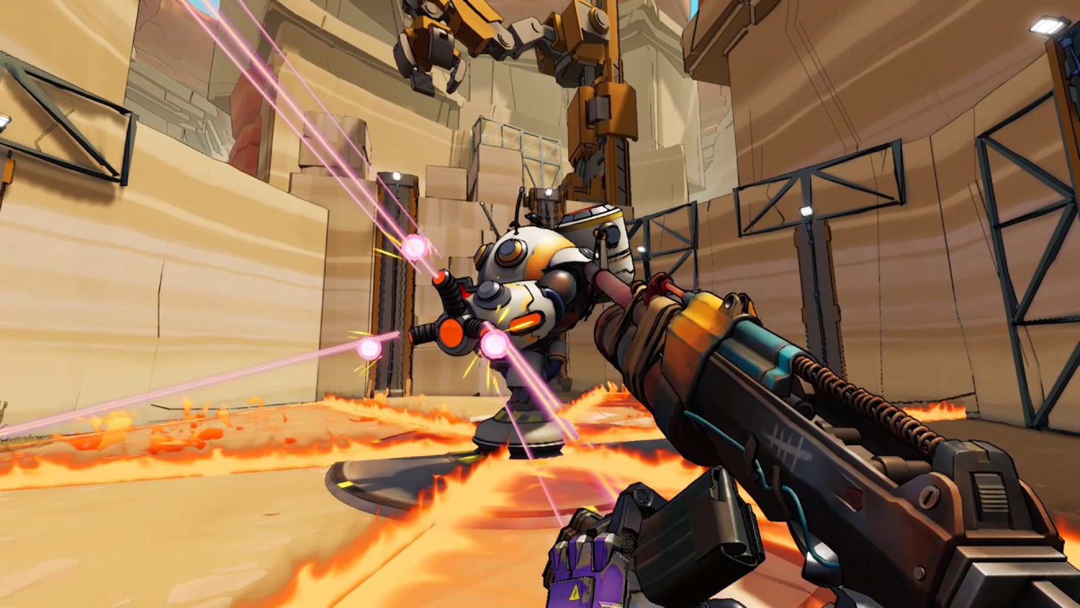 Una vista en primera persona de una escena de videojuego con robots, fuego y rayos láser.