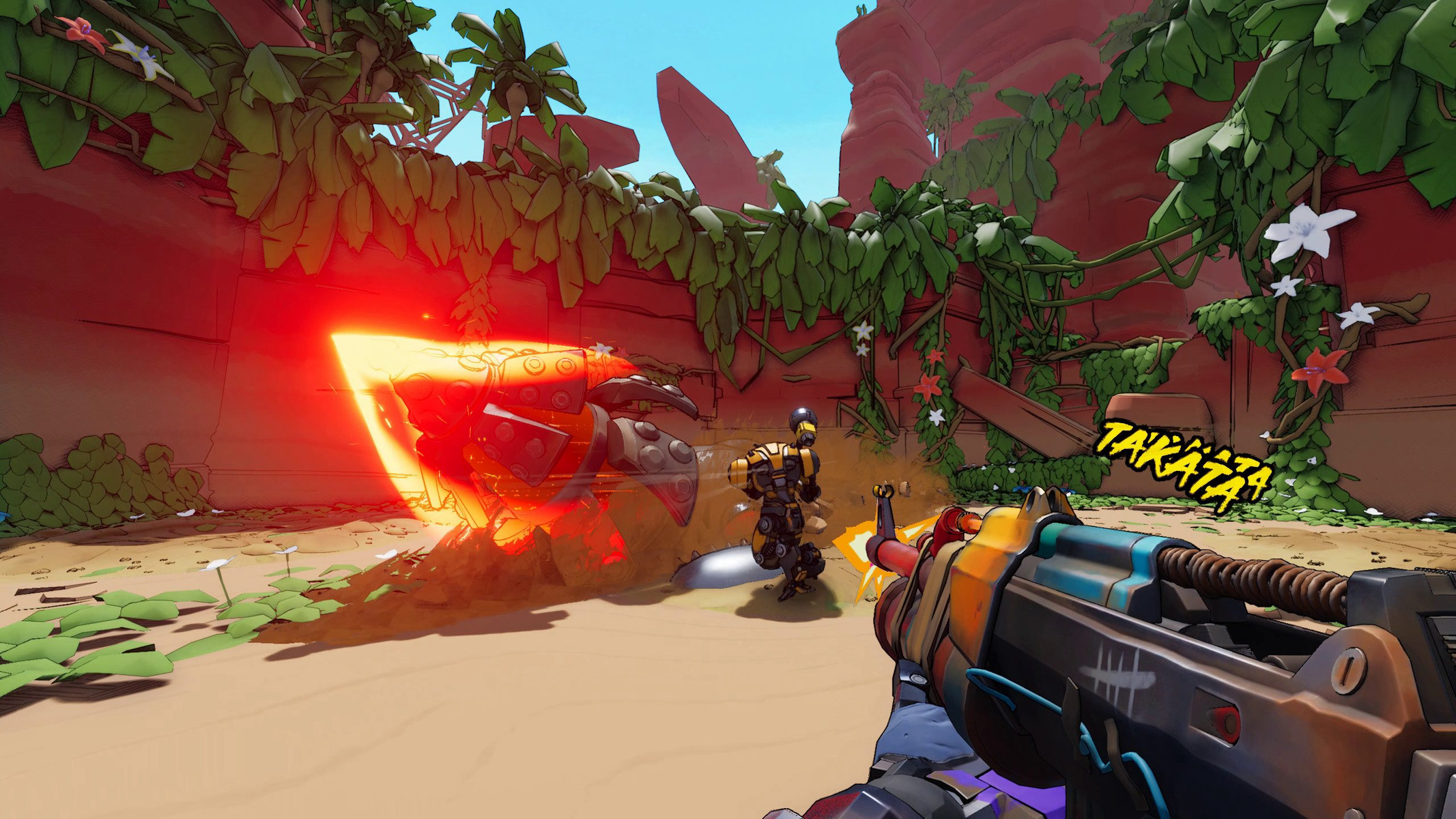 Vista en primera persona de una escena de videojuego. Un arma se sostiene en primer plano. Dos robots combaten.